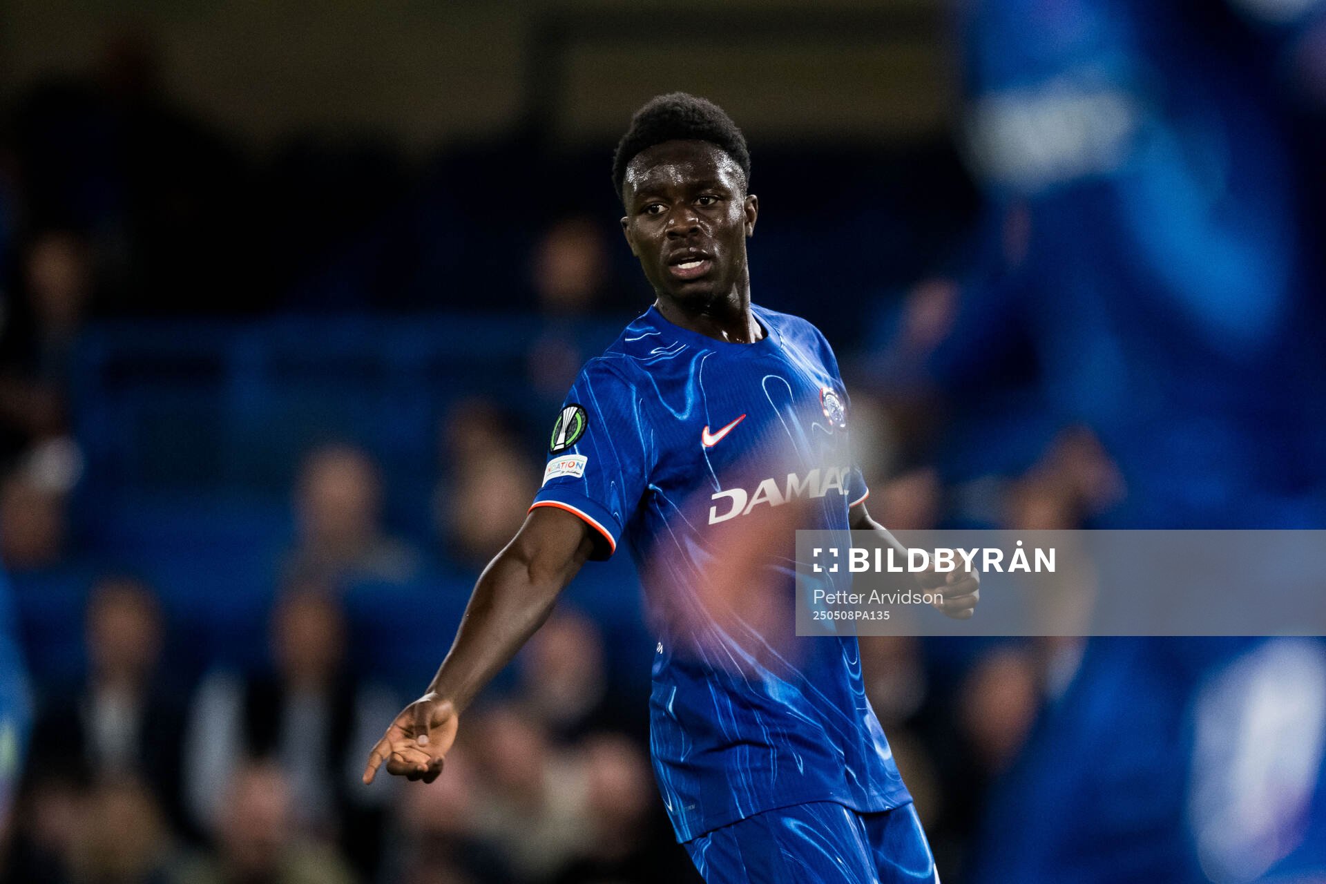 Genesis Antwi of Chelsea during the UEFA Conference League semifinal second leg match between Chelsea and Djurgården on May 8, 2025 in London.