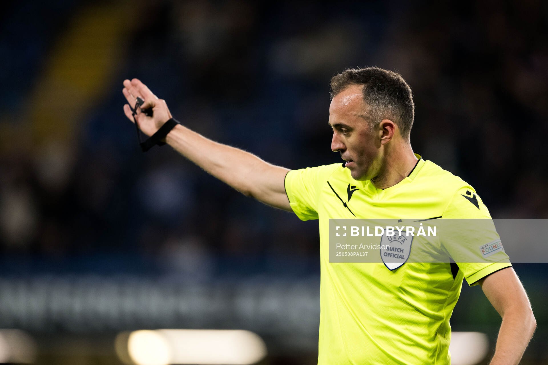 Referee Joao Pinheiro during the UEFA Conference League semifinal second leg match between Chelsea and Djurgården on May 8, 2025 in London.