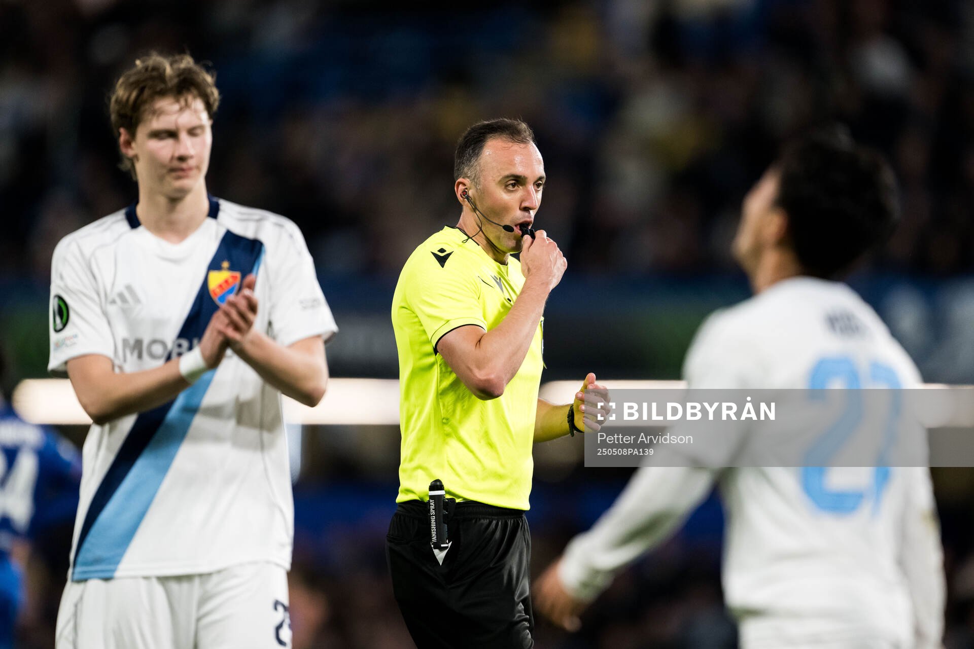 Referee Joao Pinheiro during the UEFA Conference League semifinal second leg match between Chelsea and Djurgården on May 8, 2025 in London.