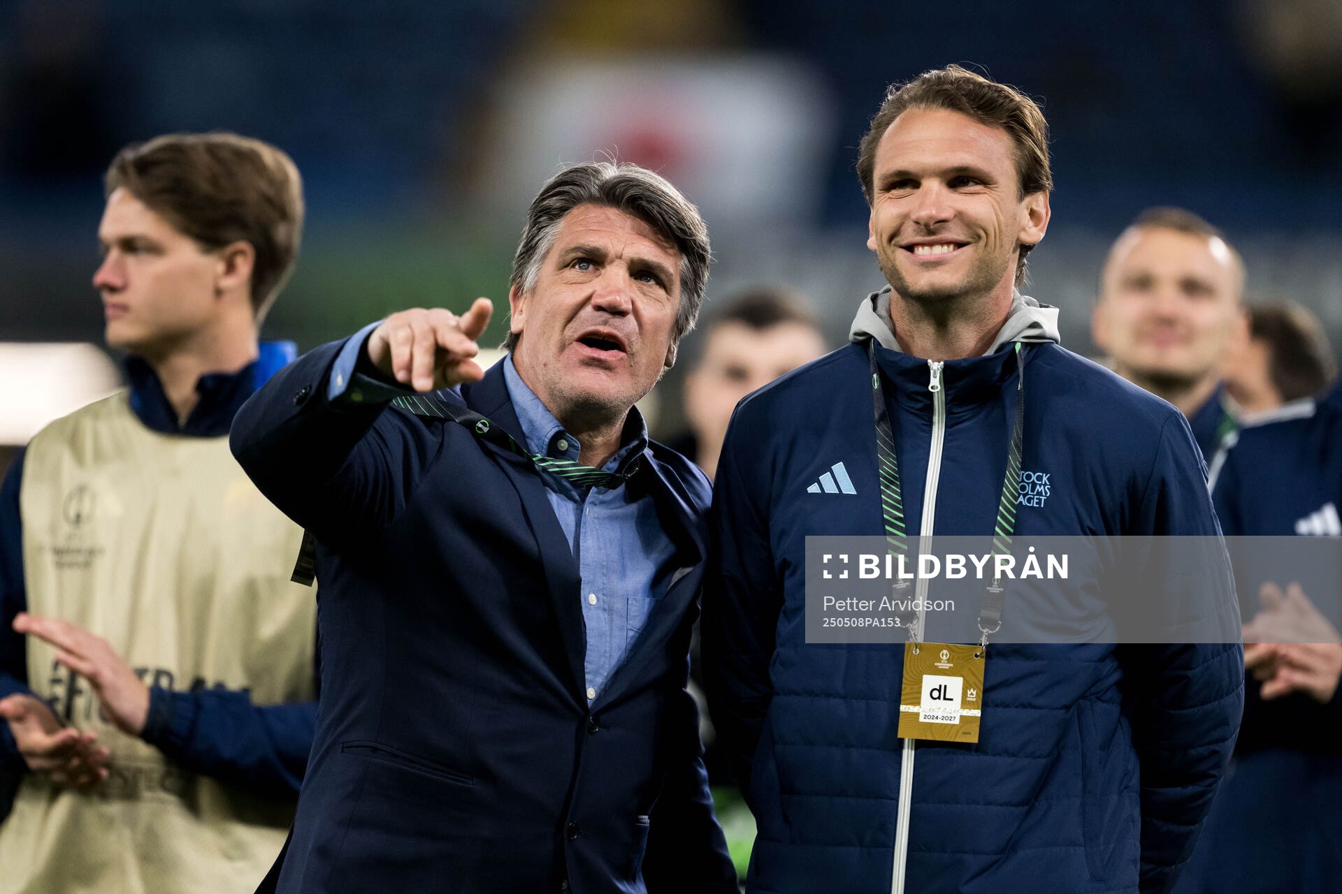 Sports director Bosse Andersson and Albin Ekdal of Djurgården after the UEFA Conference League semifinal second leg match between Chelsea and Djurgården on May 8, 2025 in London.