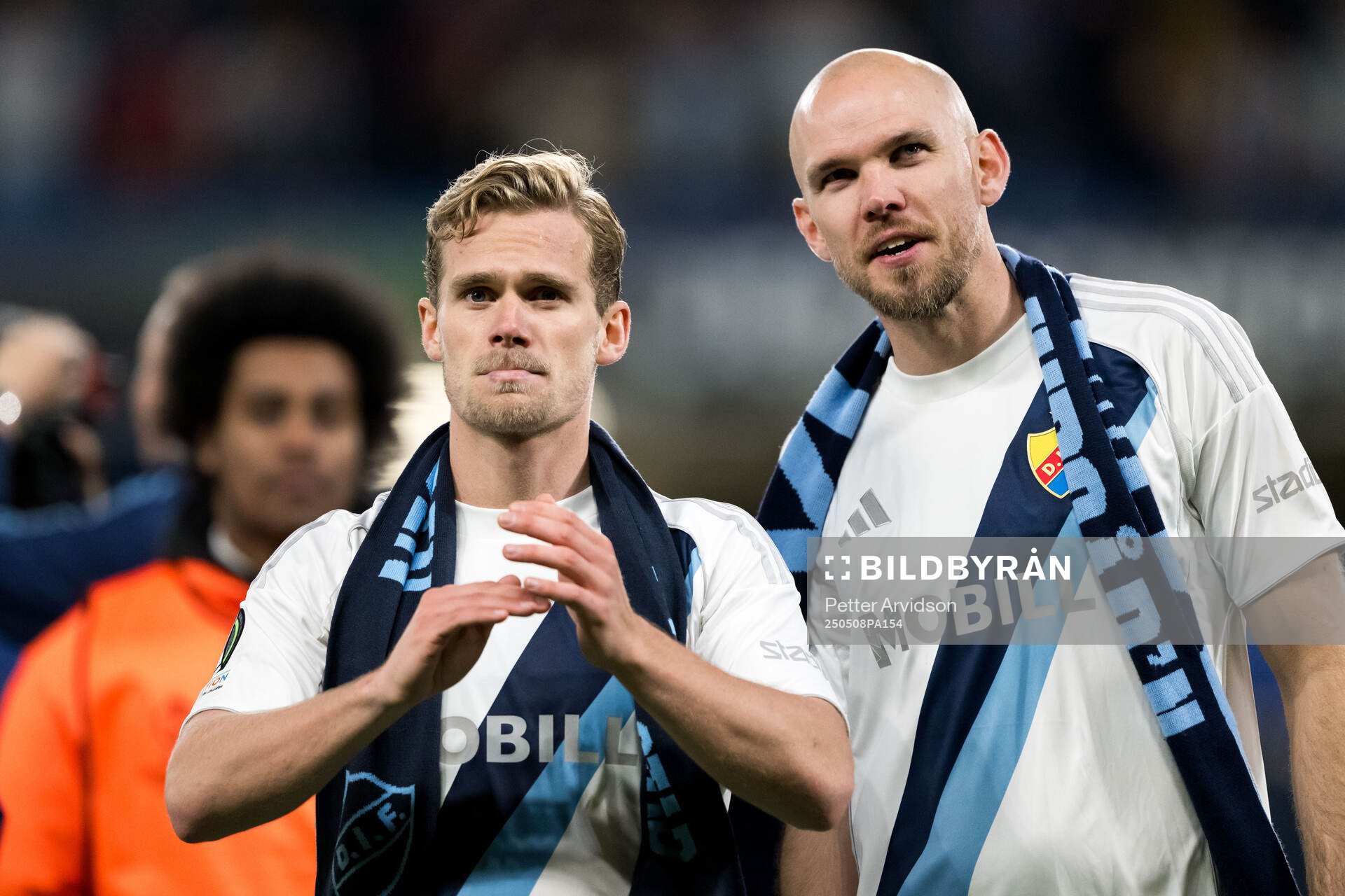 Hampus Finndell and Marcus Danielson of Djurgården after the UEFA Conference League semifinal second leg match between Chelsea and Djurgården on May 8, 2025 in London.