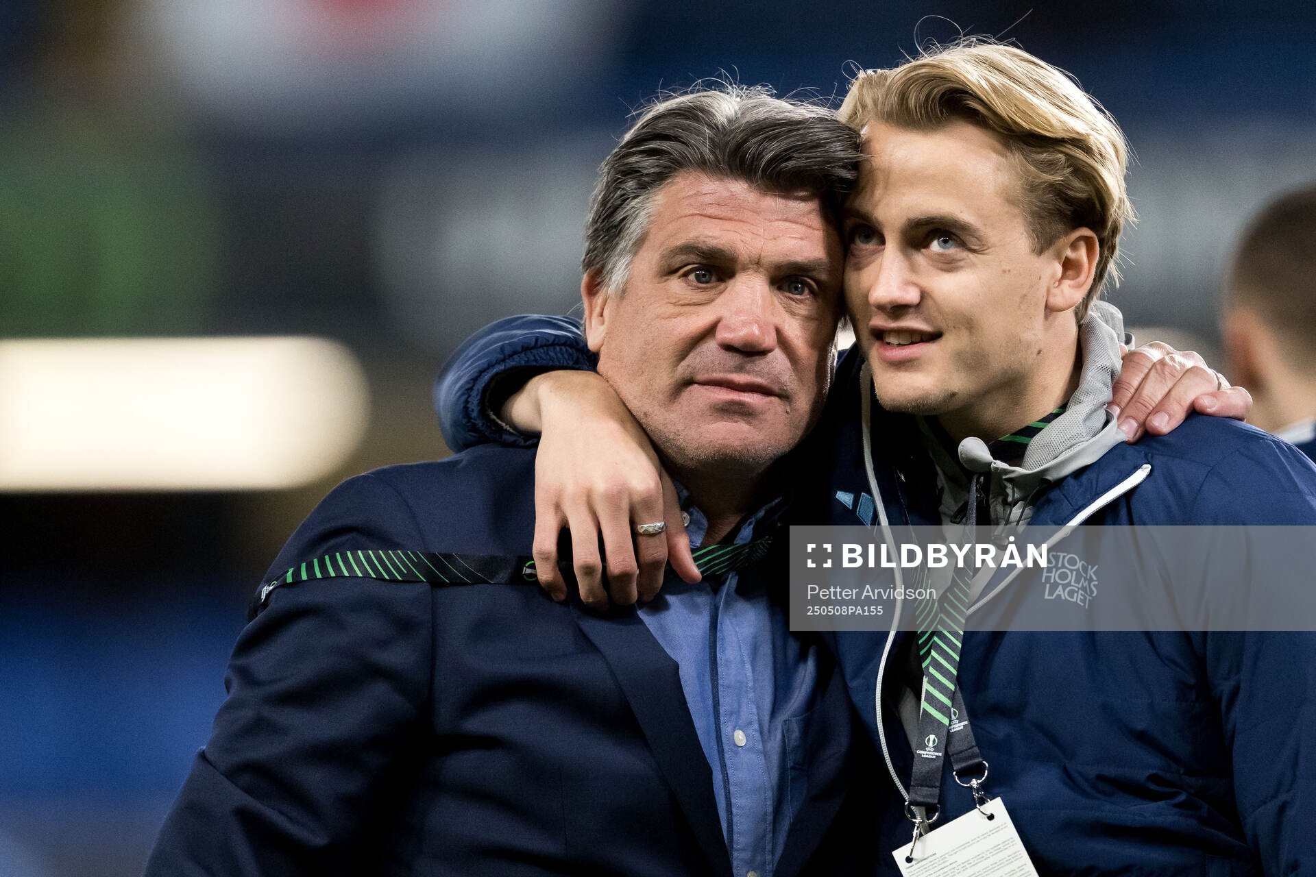 Sports director Bosse Andersson and Oskar Fallenius of Djurgården after the UEFA Conference League semifinal second leg match between Chelsea and Djurgården on May 8, 2025 in London.