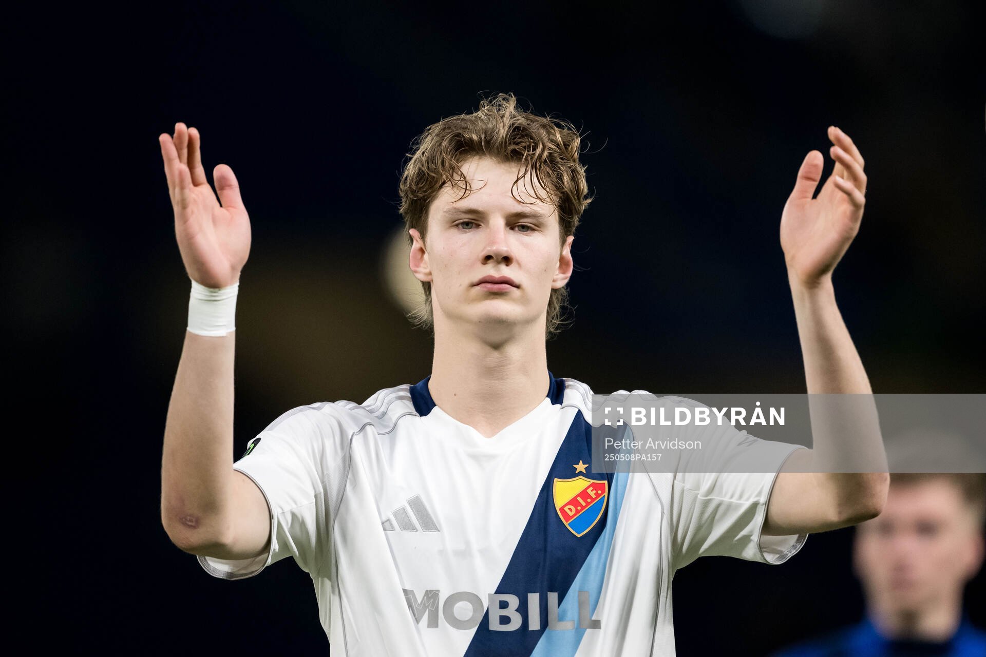 August Priske Flyger of Djurgården after the UEFA Conference League semifinal second leg match between Chelsea and Djurgården on May 8, 2025 in London.