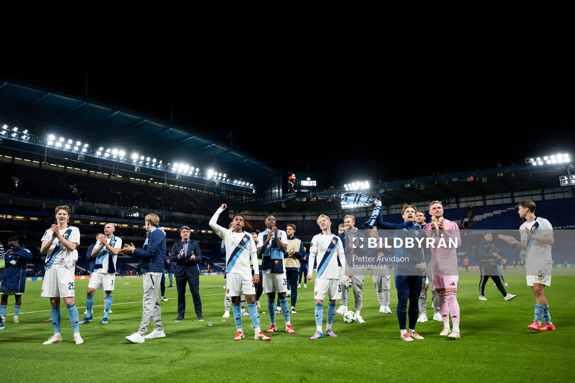 Players of Djurgården after the UEFA Conference League semifinal second leg match between Chelsea and Djurgården on May 8, 2025 in London.