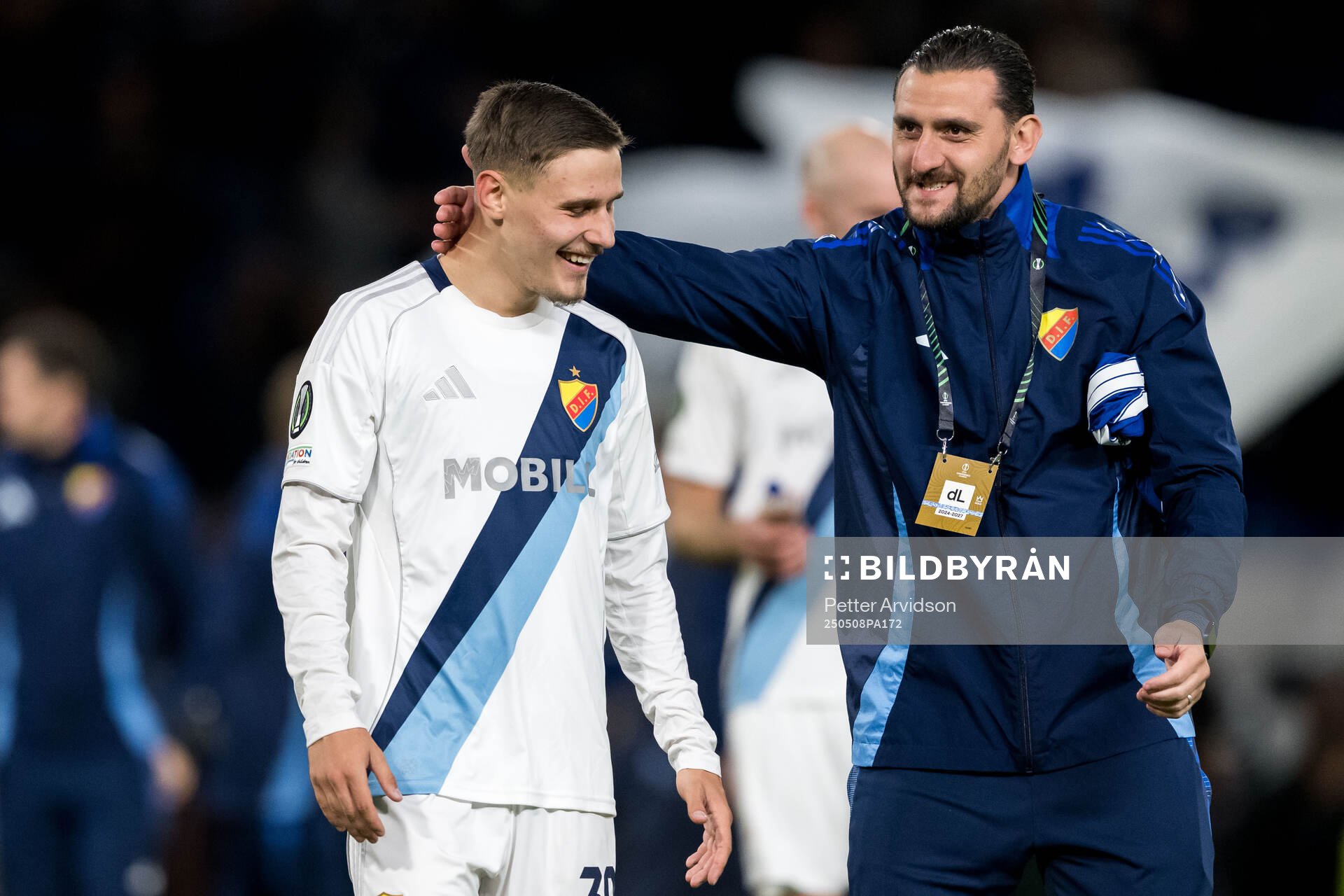 Melvin Vucenovic Persson and transition coach Agon Mehmeti of Djurgården after the UEFA Conference League semifinal second leg match between Chelsea and Djurgården on May 8, 2025 in London.
