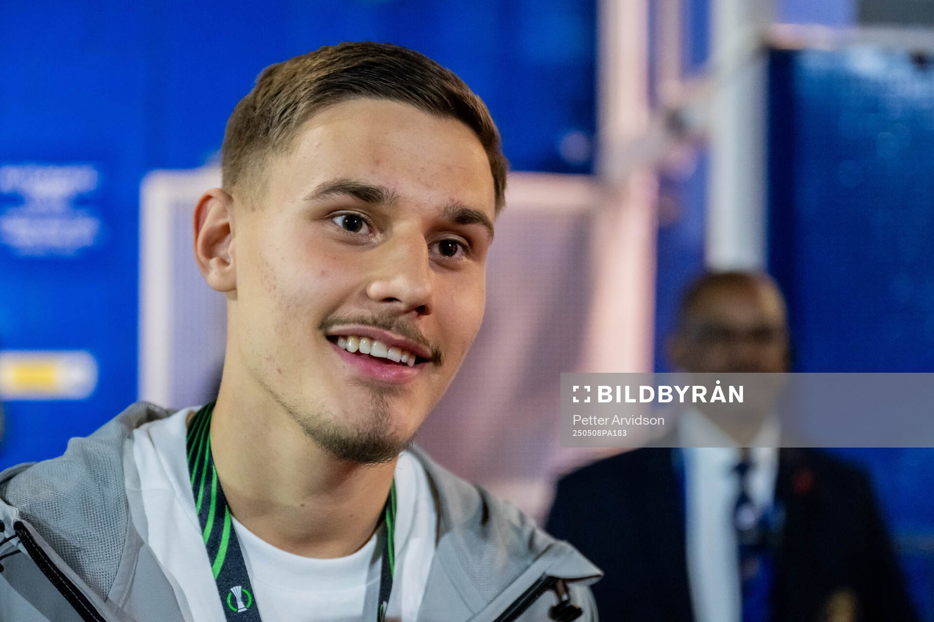 Melvin Vucenovic Persson of Djurgården is being interviewed after the UEFA Conference League semifinal second leg match between Chelsea and Djurgården on May 8, 2025 in London.