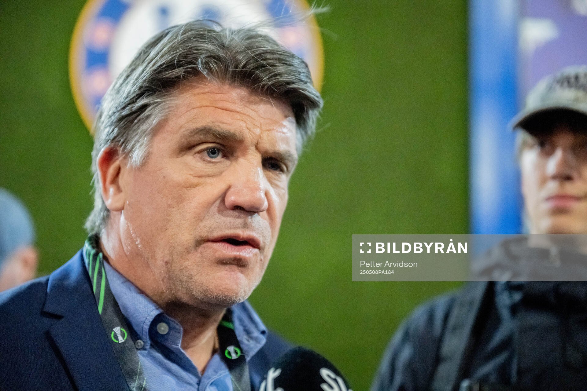 Sports director Bosse Andersson of Djurgården is being interviewed after the UEFA Conference League semifinal second leg match between Chelsea and Djurgården on May 8, 2025 in London.