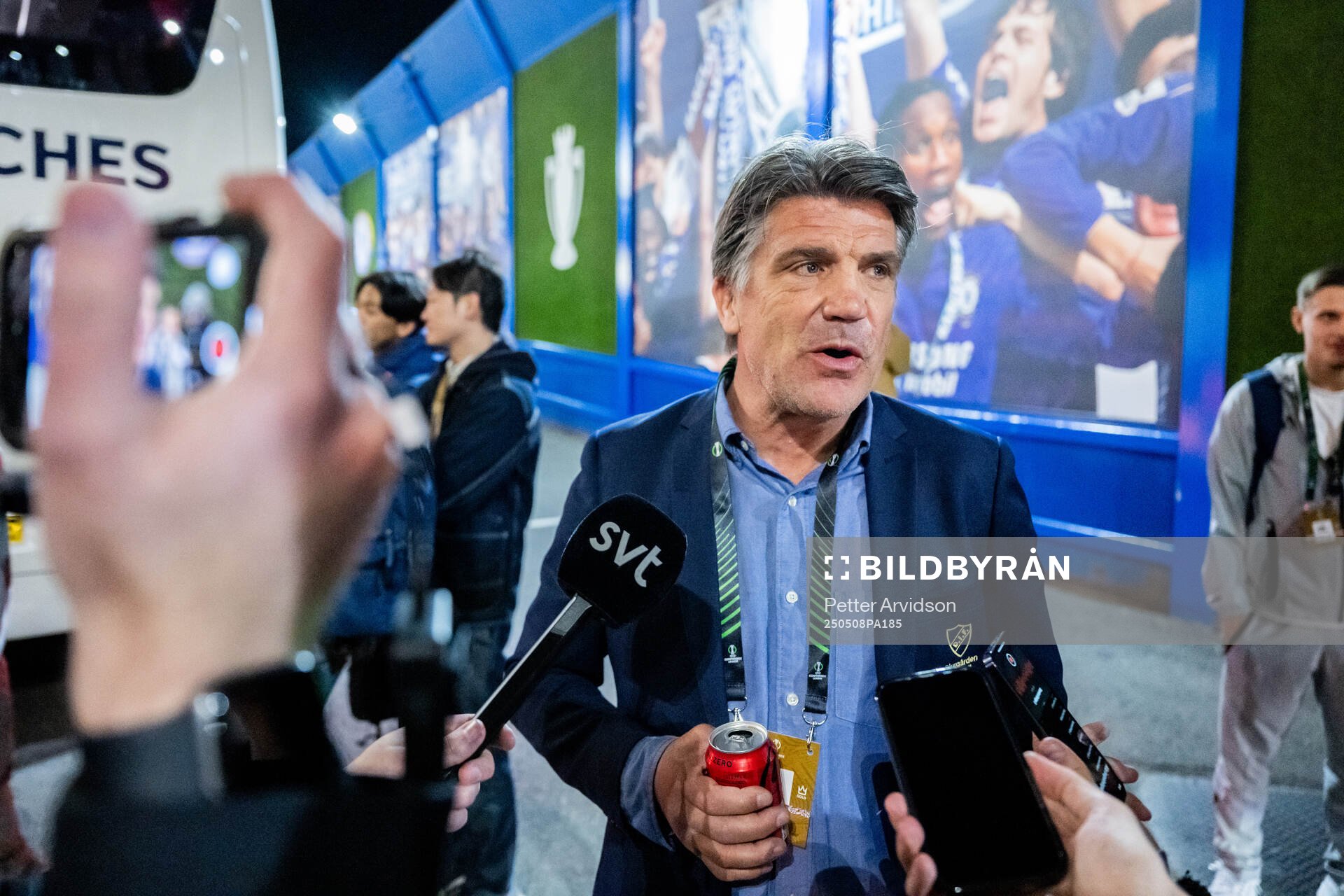 Sports director Bosse Andersson of Djurgården is being interviewed after the UEFA Conference League semifinal second leg match between Chelsea and Djurgården on May 8, 2025 in London.