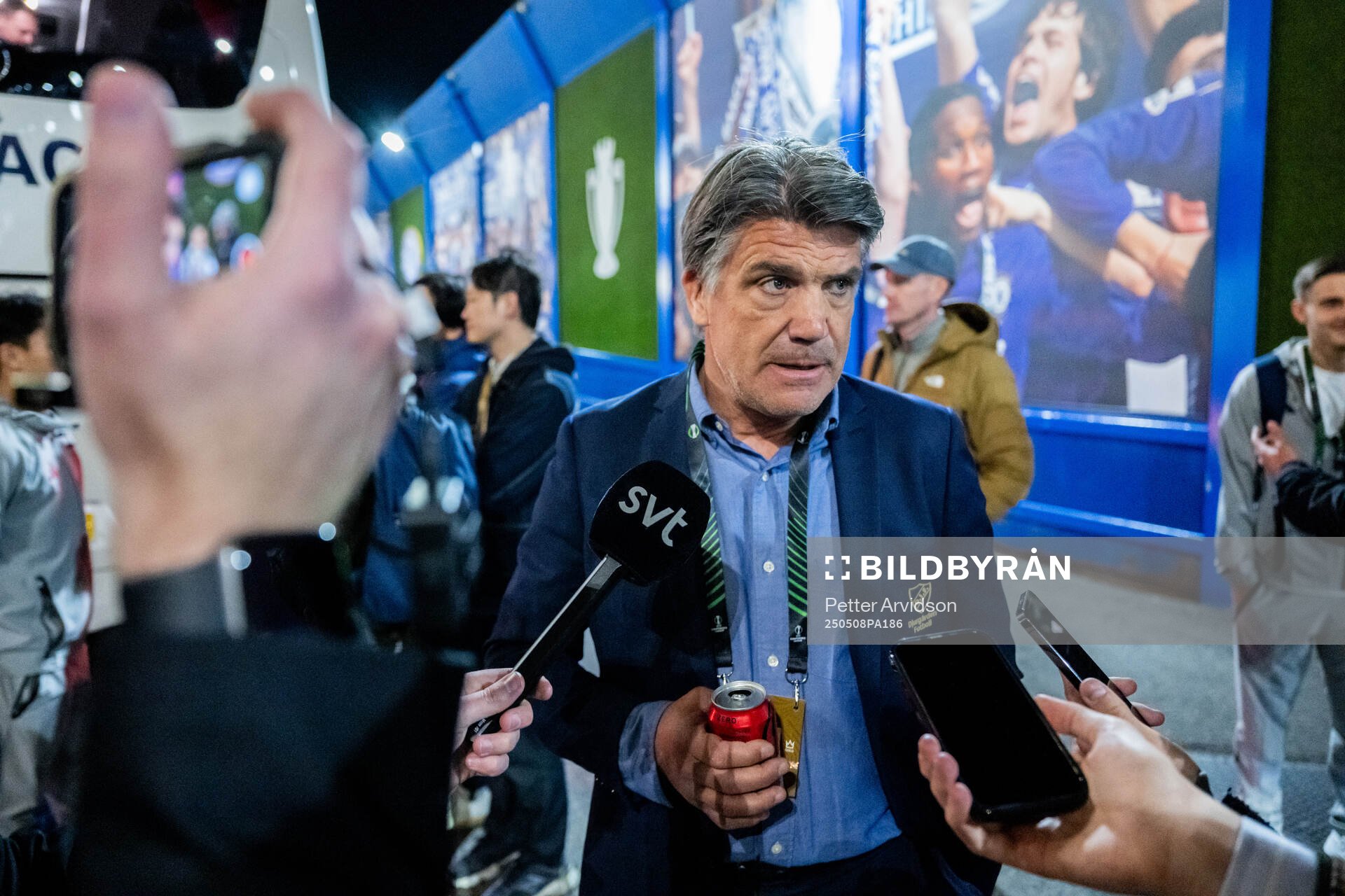 Sports director Bosse Andersson of Djurgården is being interviewed after the UEFA Conference League semifinal second leg match between Chelsea and Djurgården on May 8, 2025 in London.