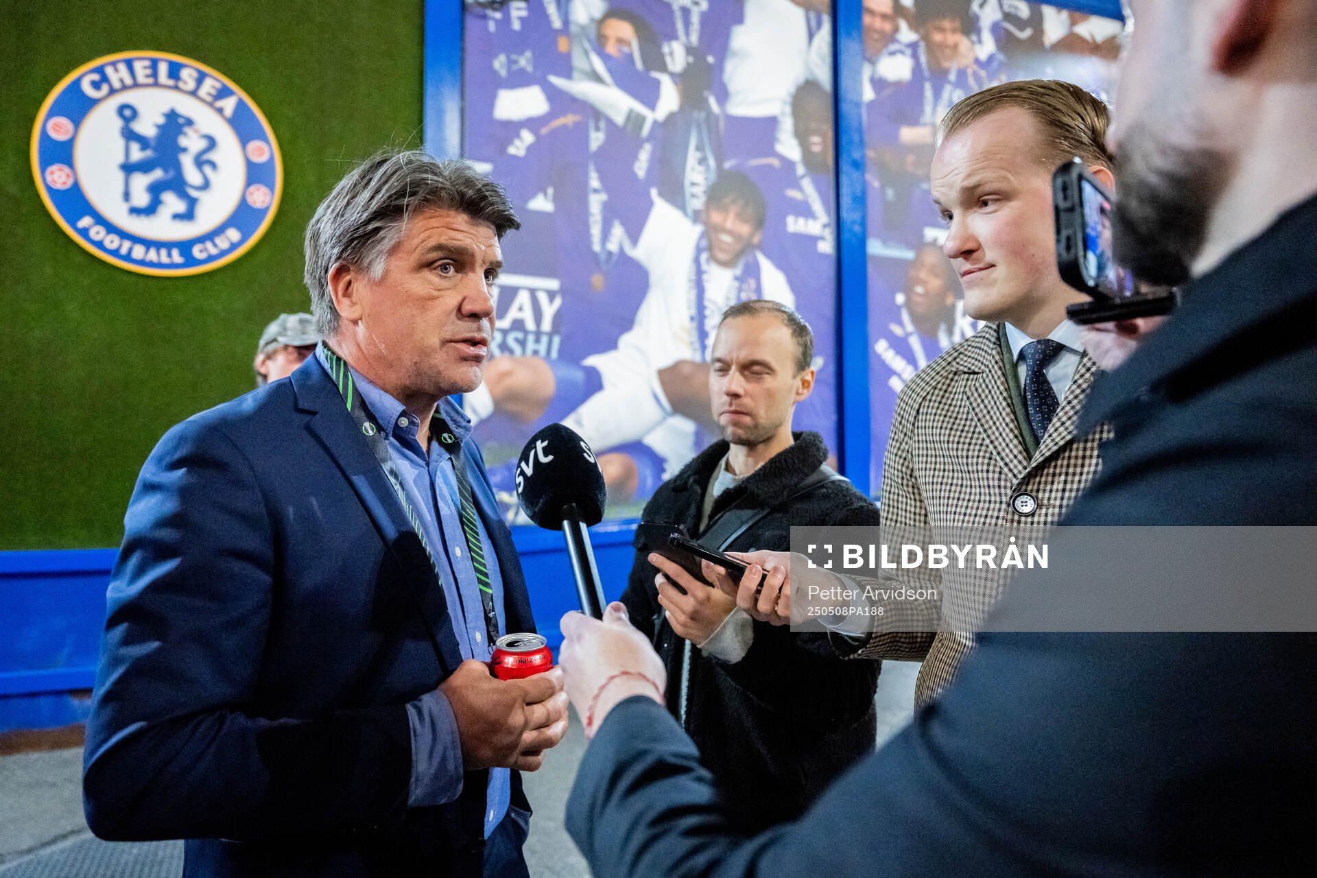 Sports director Bosse Andersson of Djurgården is being interviewed after the UEFA Conference League semifinal second leg match between Chelsea and Djurgården on May 8, 2025 in London.