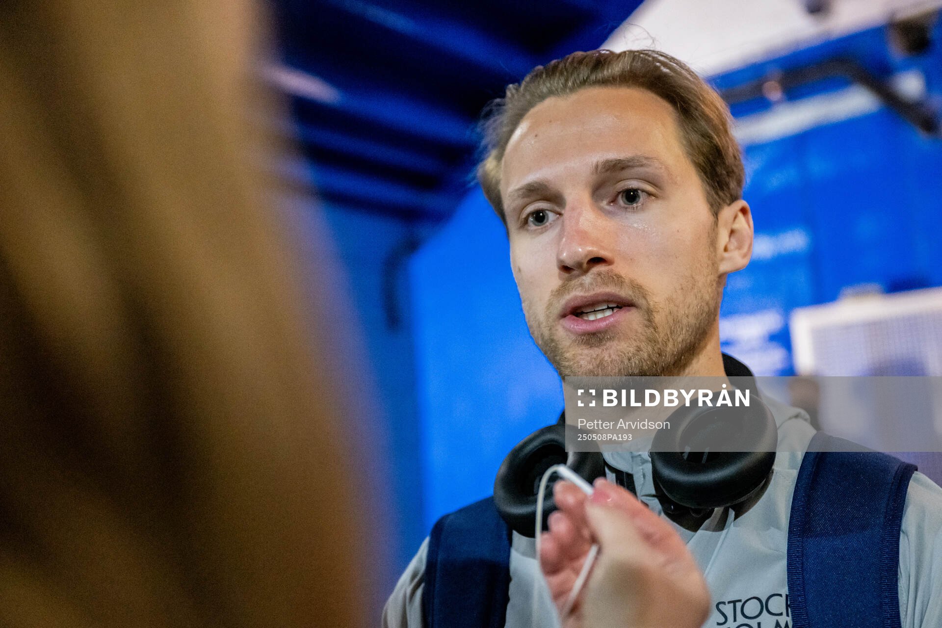 Daniel Stensson of Djurgården is being interviewed after the UEFA Conference League semifinal second leg match between Chelsea and Djurgården on May 8, 2025 in London.