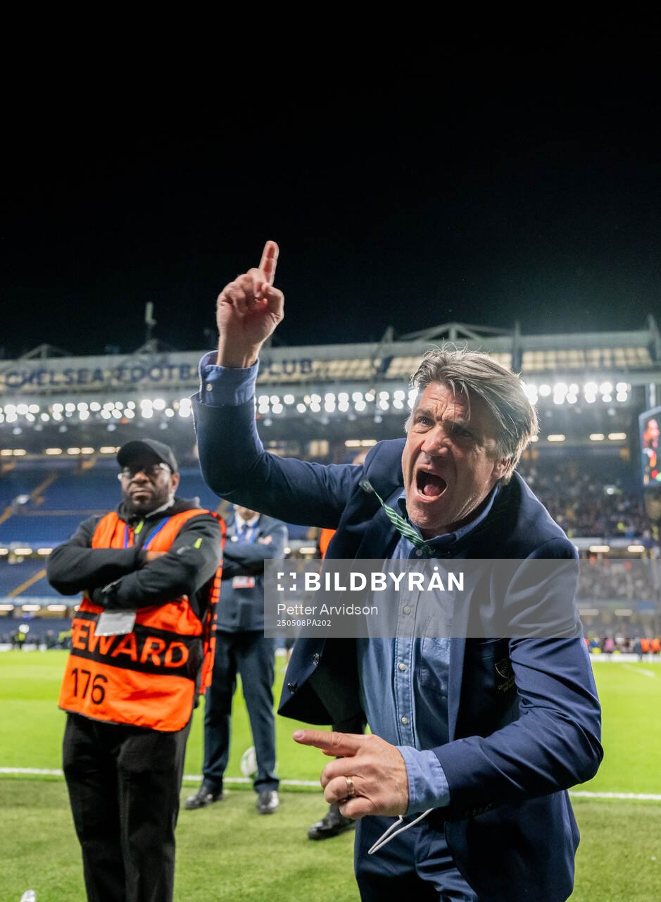 Sports director Bosse Andersson of Djurgården celebrates after the UEFA Conference League semifinal second leg match between Chelsea and Djurgården on May 8, 2025 in London.