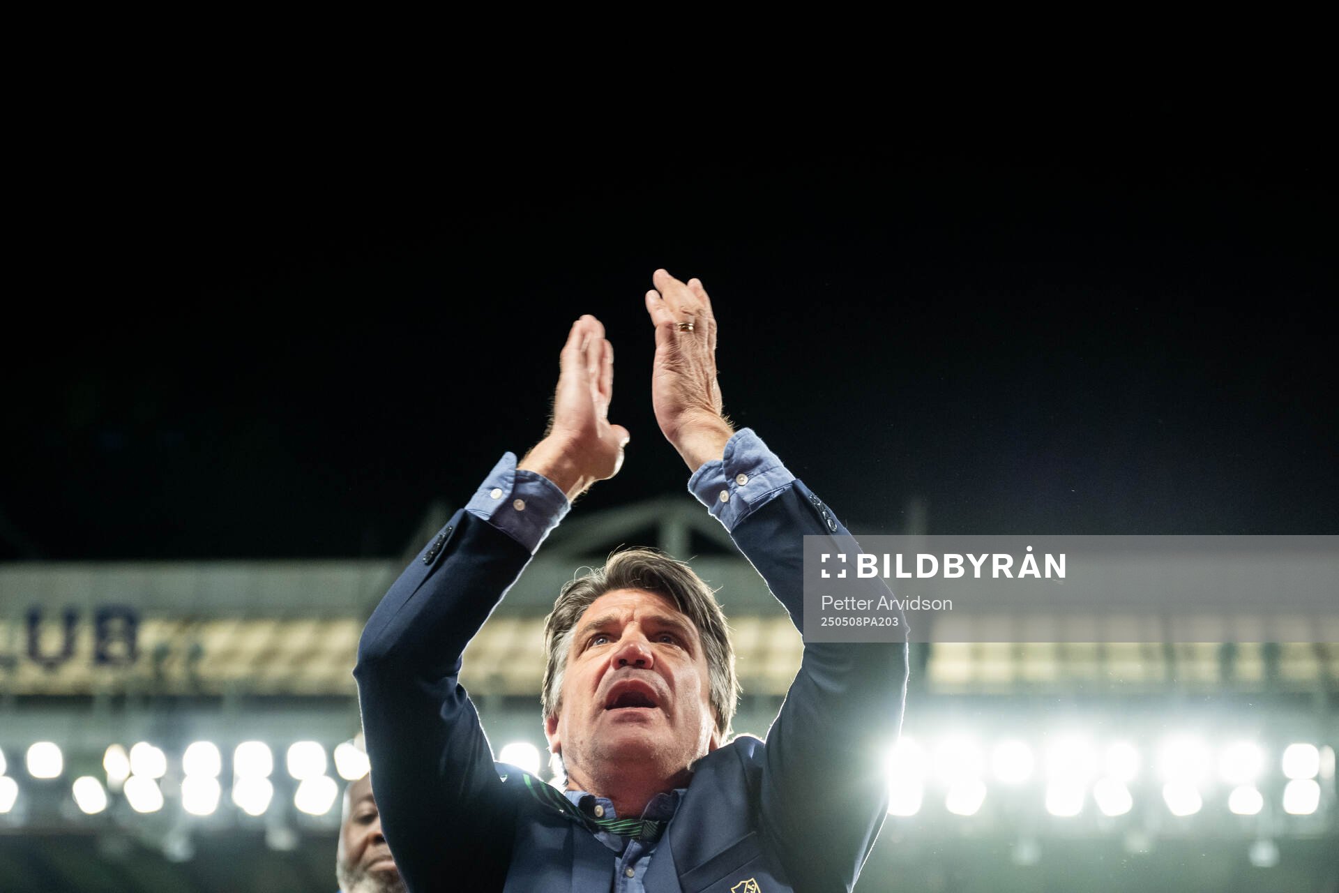 Sports director Bosse Andersson of Djurgården celebrates after the UEFA Conference League semifinal second leg match between Chelsea and Djurgården on May 8, 2025 in London.