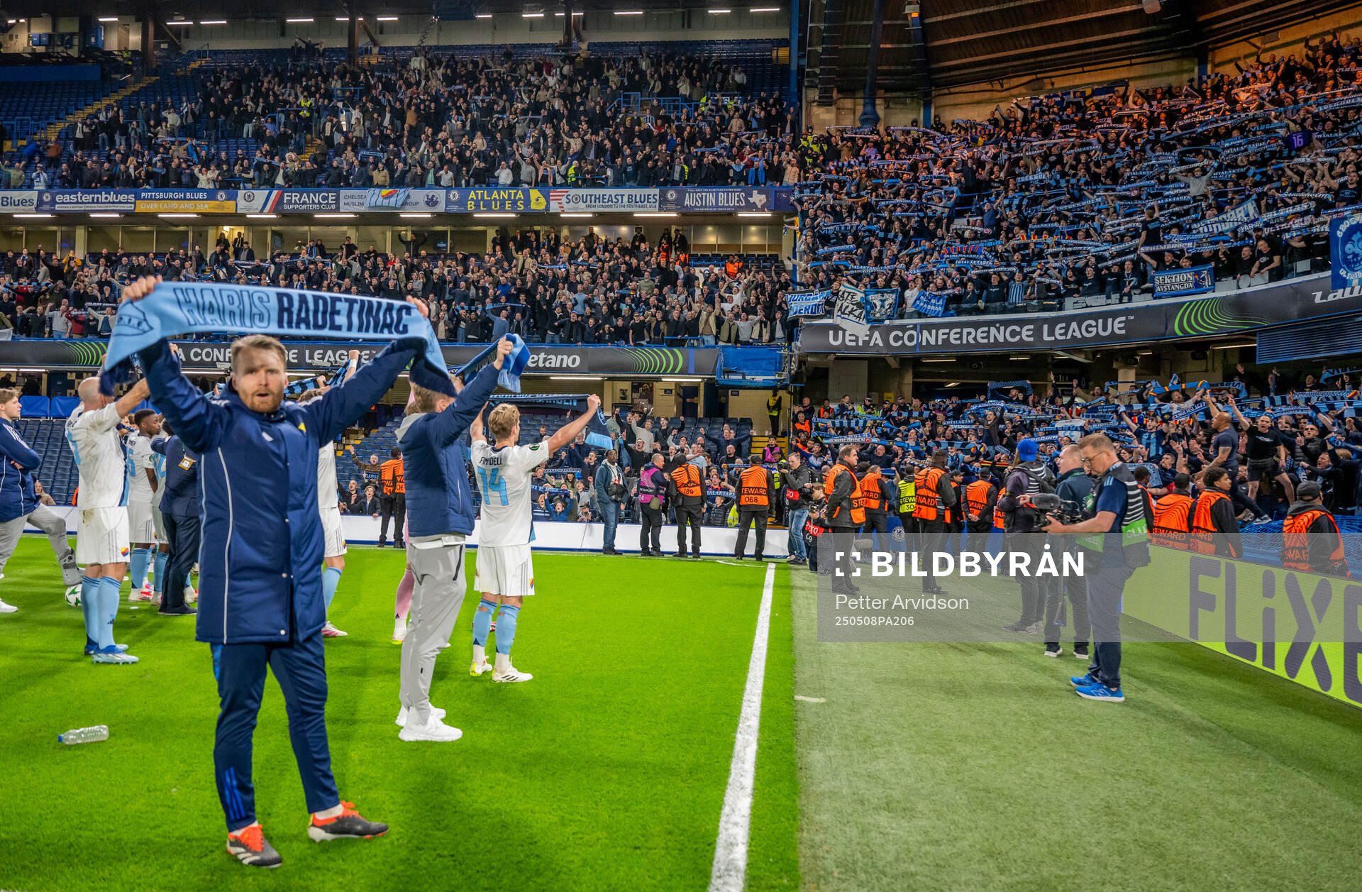 Jacob Une of Djurgården celebrate with the fans after the UEFA Conference League semifinal second leg match between Chelsea and Djurgården on May 8, 2025 in London. 