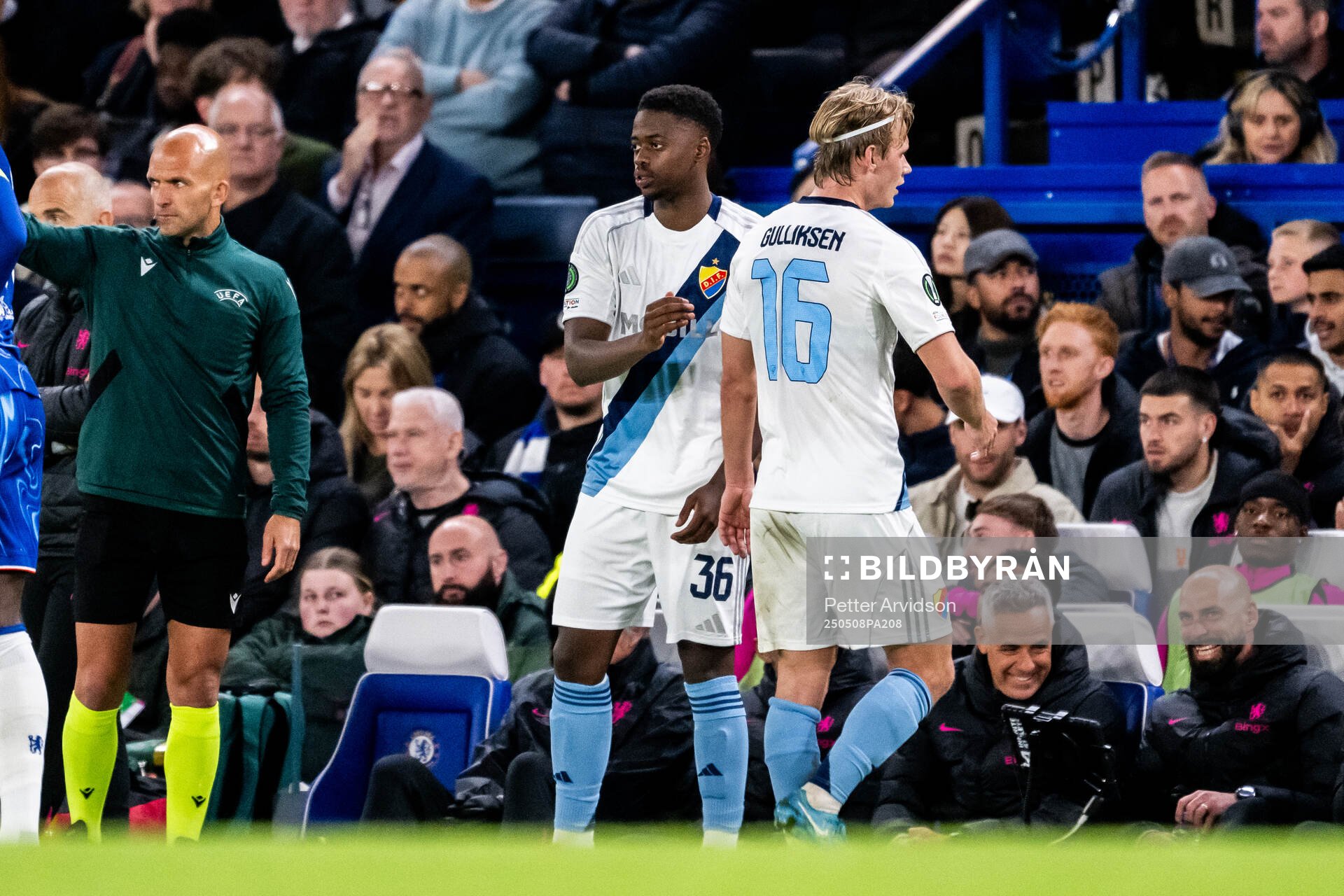 Alieu Atlee Manneh and Tobias Gulliksen of Djurgården during the UEFA Conference League semifinal second leg match between Chelsea and Djurgården on May 8, 2025 in London.