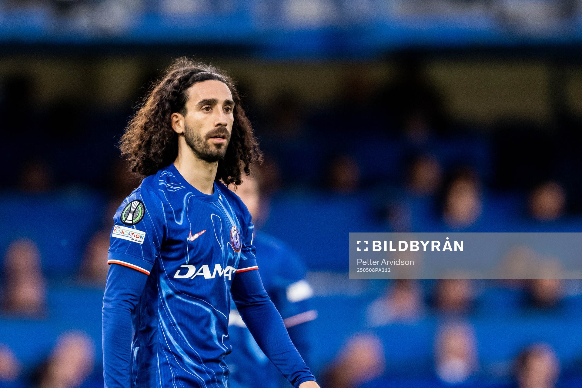 Marc Cucurella of Chelsea during the UEFA Conference League semifinal second leg match between Chelsea and Djurgården on May 8, 2025 in London.