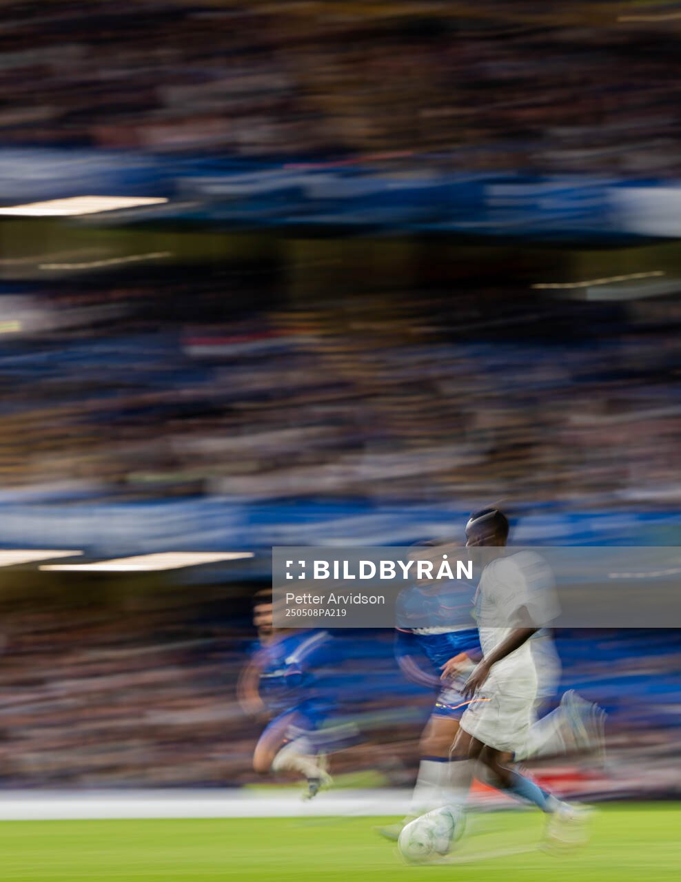 Marc Cucurella and Reece James of Chelsea and Tokmac Nguen of Djurgården during the UEFA Conference League semifinal second leg match between Chelsea and Djurgården on May 8, 2025 in London.