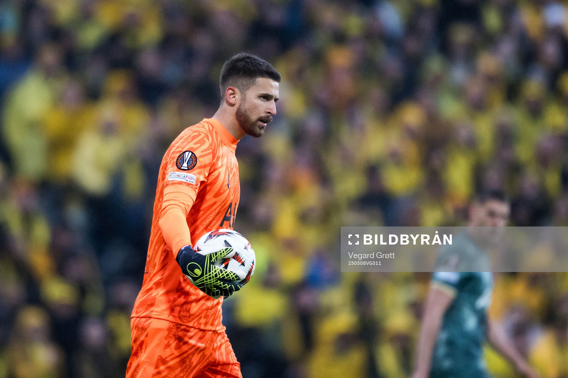 Goalkeeper Guglielmo Vicario of Tottenham Hotspur during the UEFA Europa League semi-final football match between Bodø/Glimt and Tottenham on May 8, 2025 in Bodø.