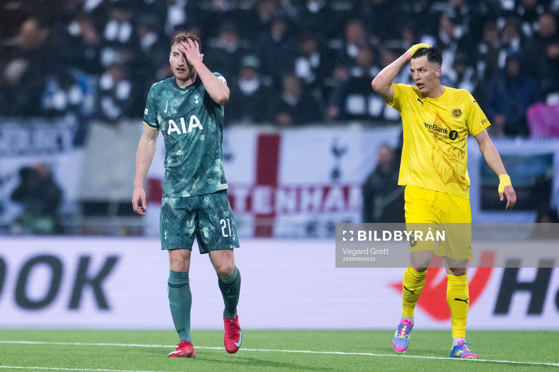 Dejan Kulusevski of Tottenham Hotspur and Jostein Gundersen of Bodø/Glimt during the UEFA Europa League semi-final football match between Bodø/Glimt and Tottenham on May 8, 2025 in Bodø.