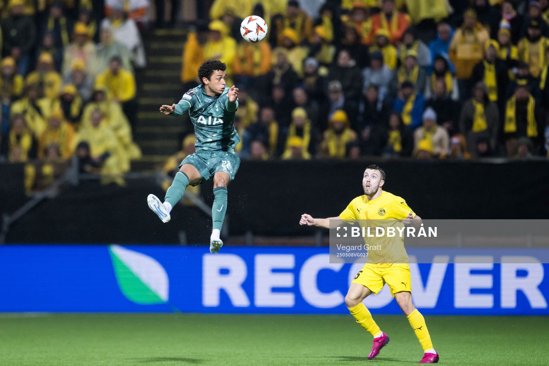 Brennan Johnson of Tottenham Hotspur and Fredrik André Bjørkan of Bodø/Glimt during the UEFA Europa League semi-final football match between Bodø/Glimt and Tottenham on May 8, 2025 in Bodø.