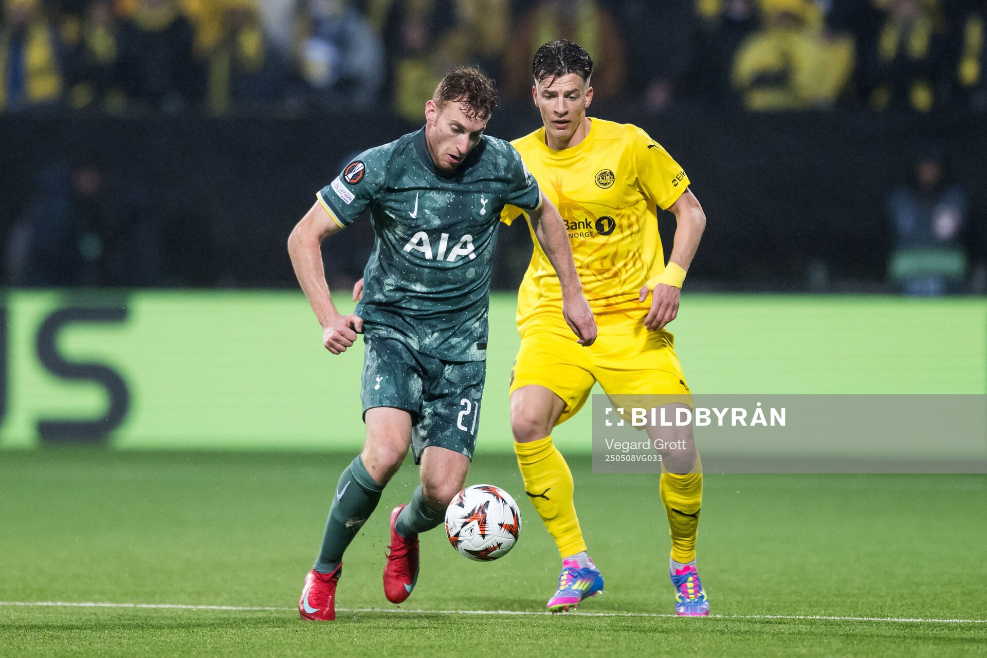 Dejan Kulusevski of Tottenham Hotspur and Jostein Gundersen of Bodø/Glimt during the UEFA Europa League semi-final football match between Bodø/Glimt and Tottenham on May 8, 2025 in Bodø.