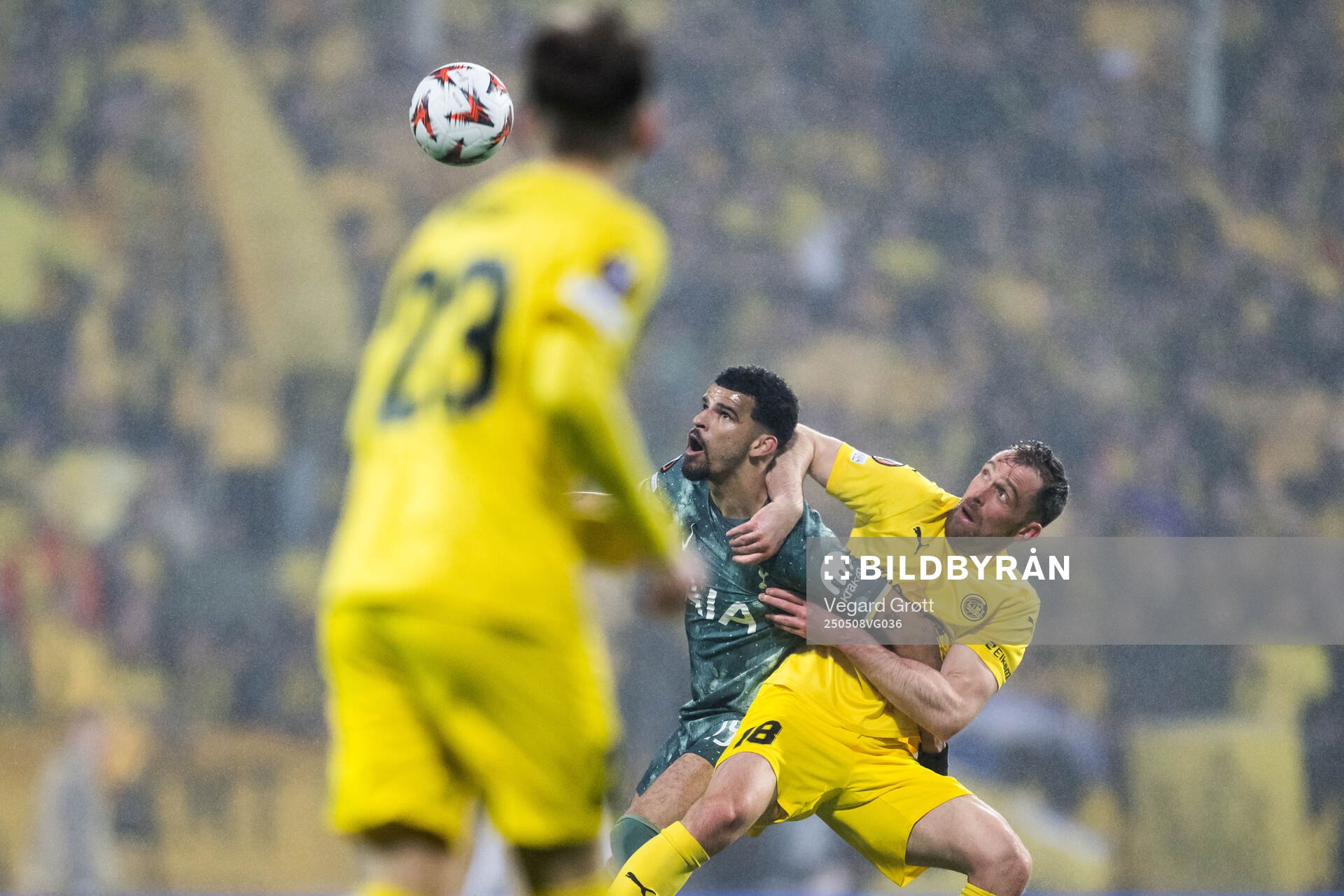 Dominic Solanke of Tottenham Hotspur and Brede Moe of Bodø/Glimt during the UEFA Europa League semi-final football match between Bodø/Glimt and Tottenham on May 8, 2025 in Bodø.