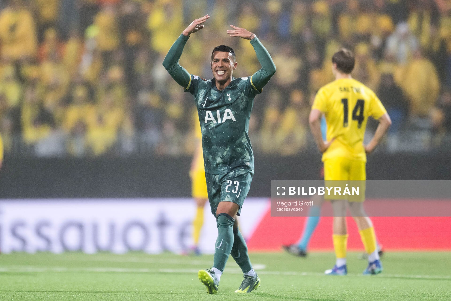 Pedro Porro of Tottenham Hotspur celebrates after 0-2 during the UEFA Europa League semi-final football match between Bodø/Glimt and Tottenham on May 8, 2025 in Bodø.
