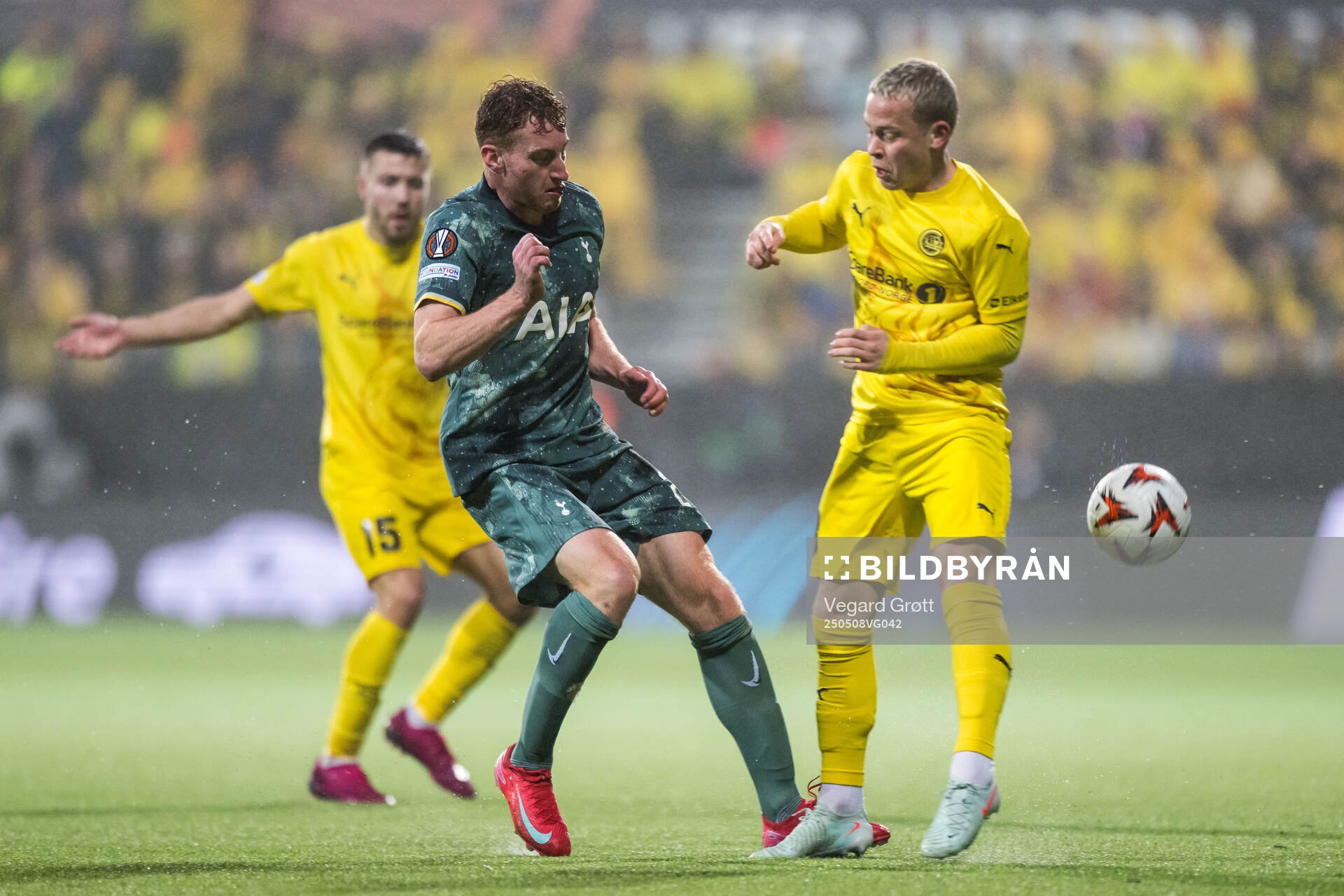 Dejan Kulusevski of Tottenham Hotspur and Sondre Auklend of Bodø/Glimt during the UEFA Europa League semi-final football match between Bodø/Glimt and Tottenham on May 8, 2025 in Bodø.