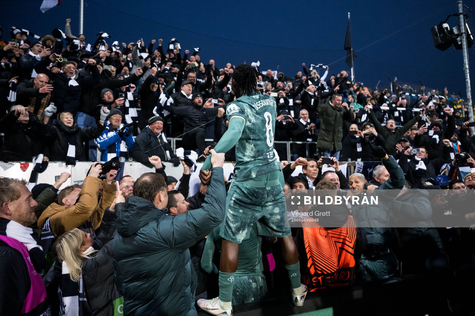 Yves Bissouma of Tottenham Hotspur celebrates after the UEFA Europa League semi-final football match between Bodø/Glimt and Tottenham on May 8, 2025 in Bodø.