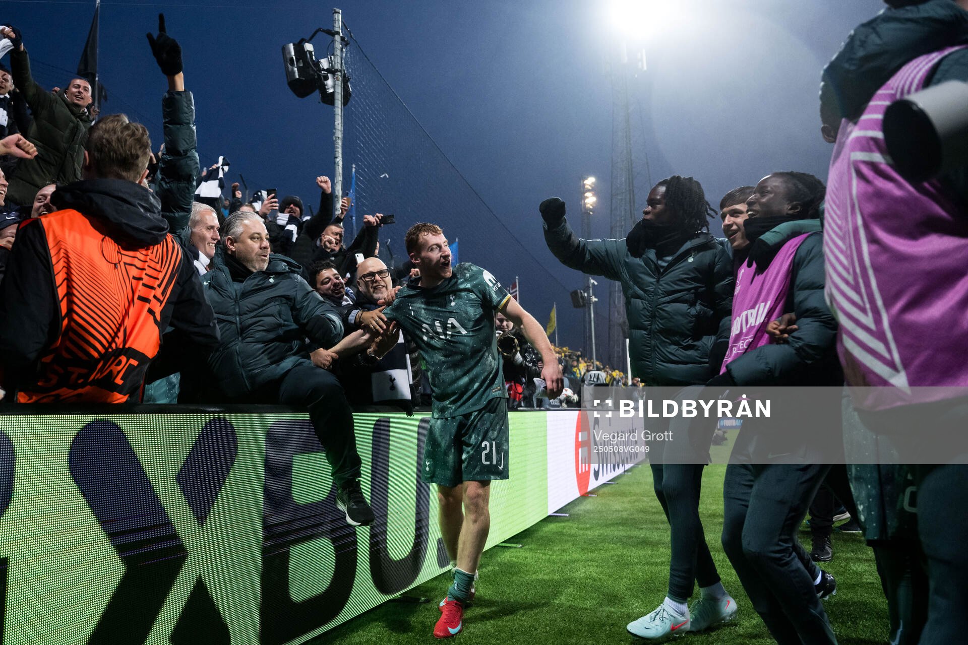 Dejan Kulusevski of Tottenham Hotspur celebrates after the UEFA Europa League semi-final football match between Bodø/Glimt and Tottenham on May 8, 2025 in Bodø.
