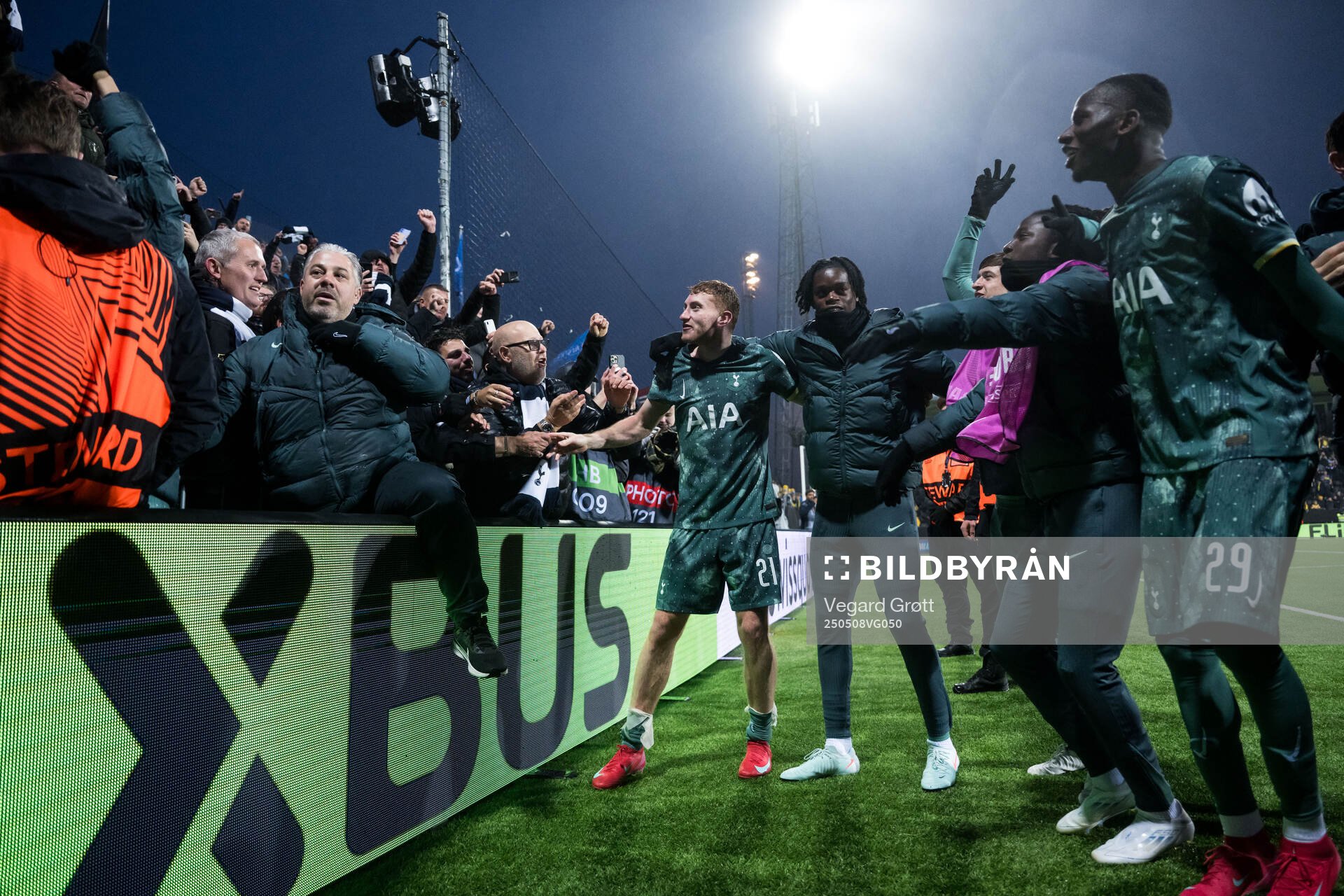 Dejan Kulusevski of Tottenham Hotspur celebrates after the UEFA Europa League semi-final football match between Bodø/Glimt and Tottenham on May 8, 2025 in Bodø.