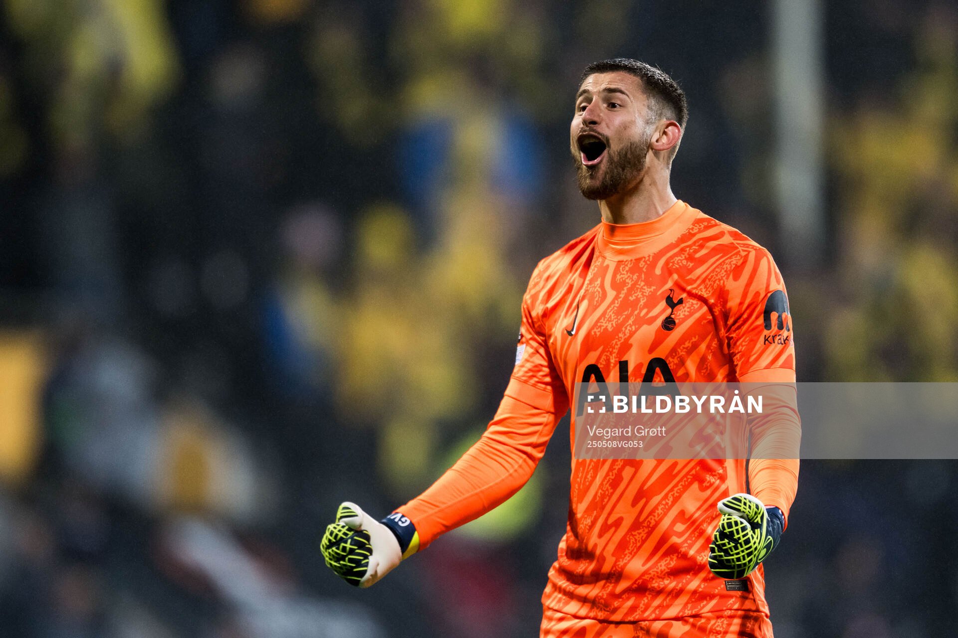 Goalkeeper Guglielmo Vicario of Tottenham Hotspur celebrates after the UEFA Europa League semi-final football match between Bodø/Glimt and Tottenham on May 8, 2025 in Bodø.
