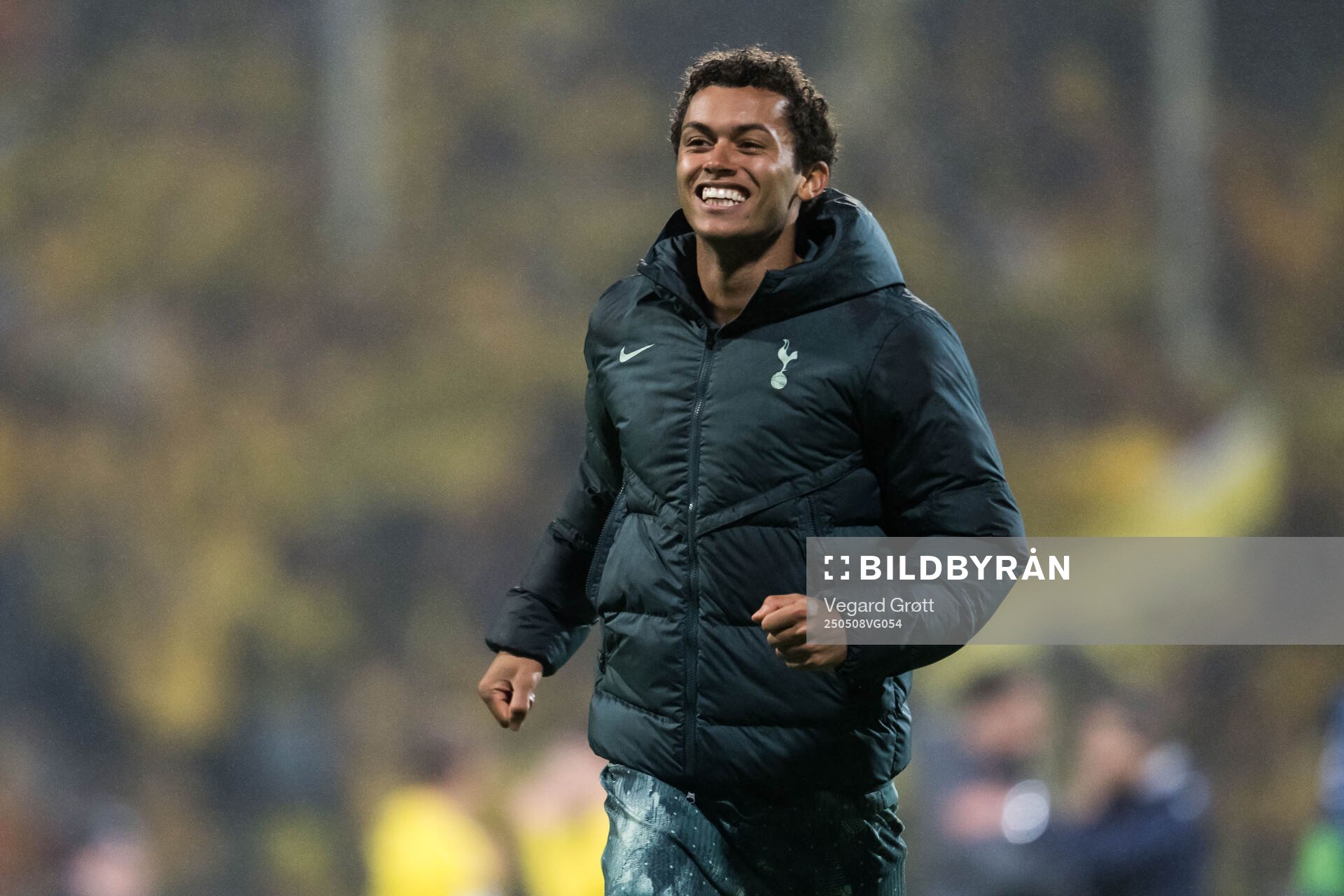 Brennan Johnson of Tottenham Hotspur celebrates after the UEFA Europa League semi-final football match between Bodø/Glimt and Tottenham on May 8, 2025 in Bodø.