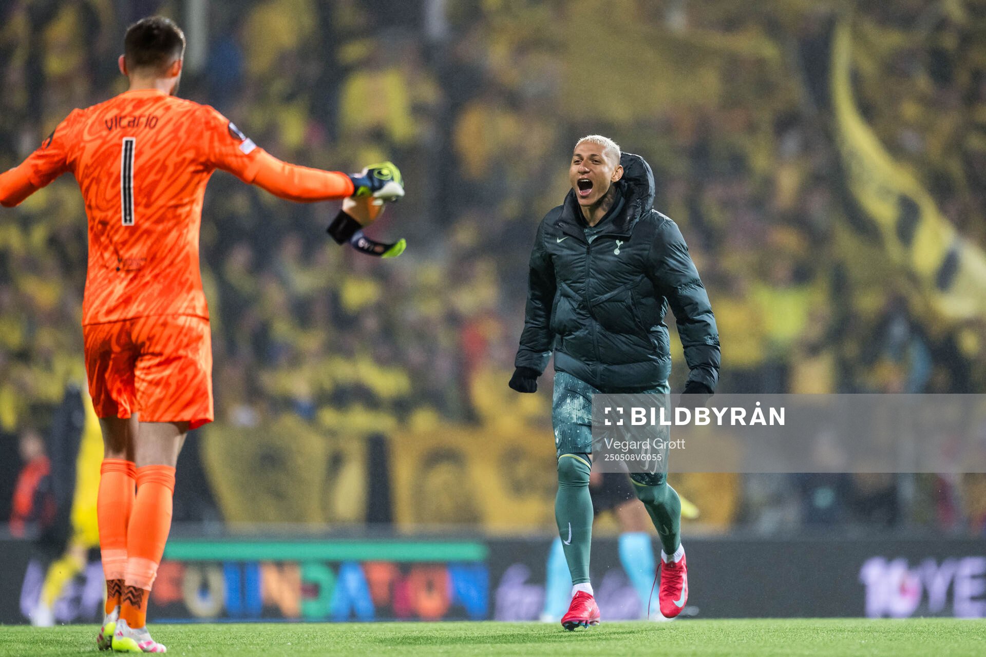 Richarlison of Tottenham Hotspur celebrates after the UEFA Europa League semi-final football match between Bodø/Glimt and Tottenham on May 8, 2025 in Bodø.