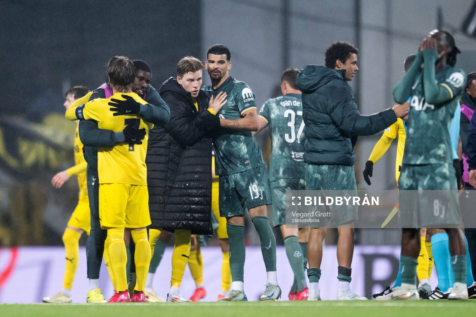 Jens Petter Haugen of Bodø/Glimt and Dominic Solanke of Tottenham Hotspur after the UEFA Europa League semi-final football match between Bodø/Glimt and Tottenham on May 8, 2025 in Bodø.