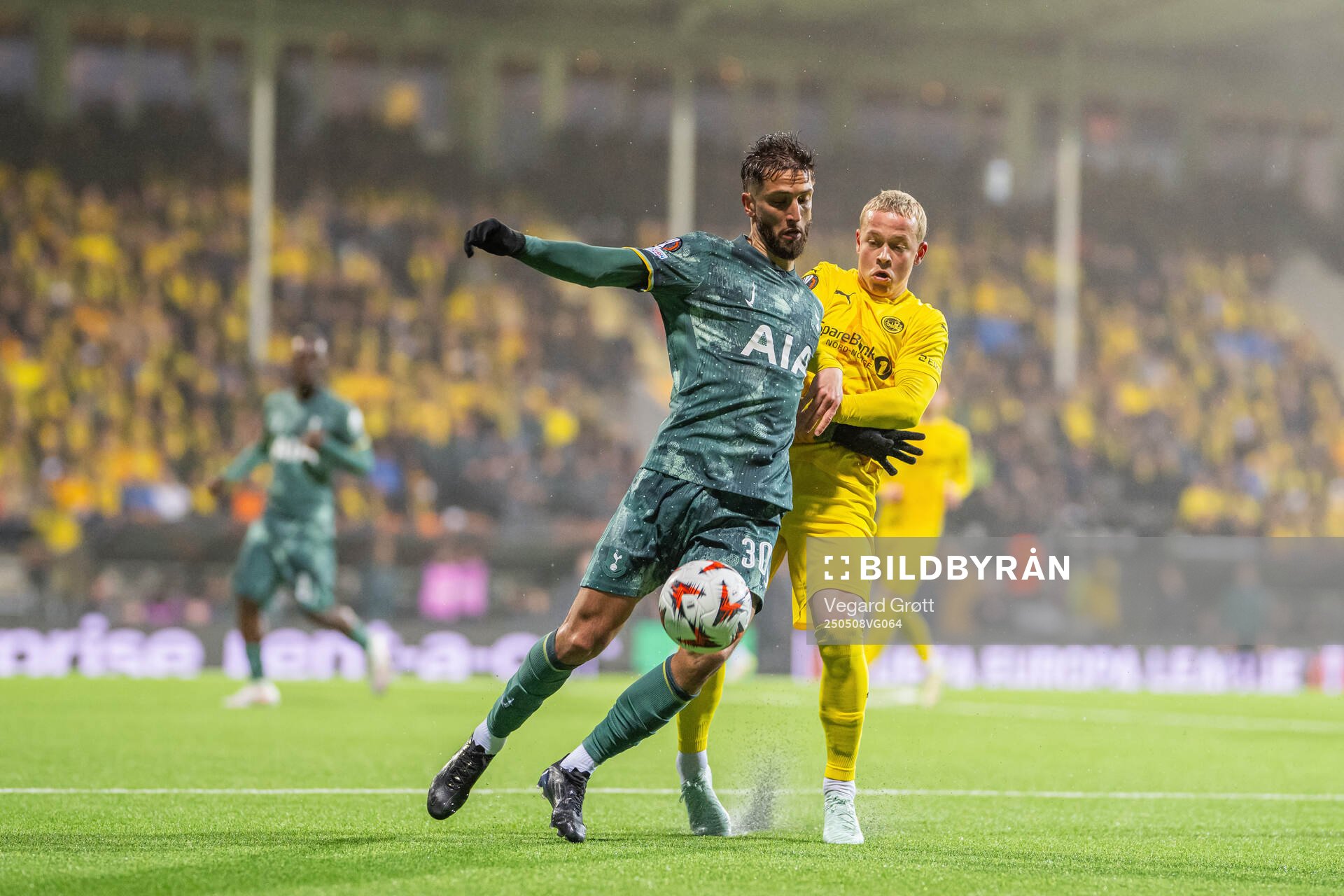 Rodrigo Bentancur of Tottenham Hotspur and Sondre Auklend of Bodø/Glimt during the UEFA Europa League semi-final football match between Bodø/Glimt and Tottenham on May 8, 2025 in Bodø.