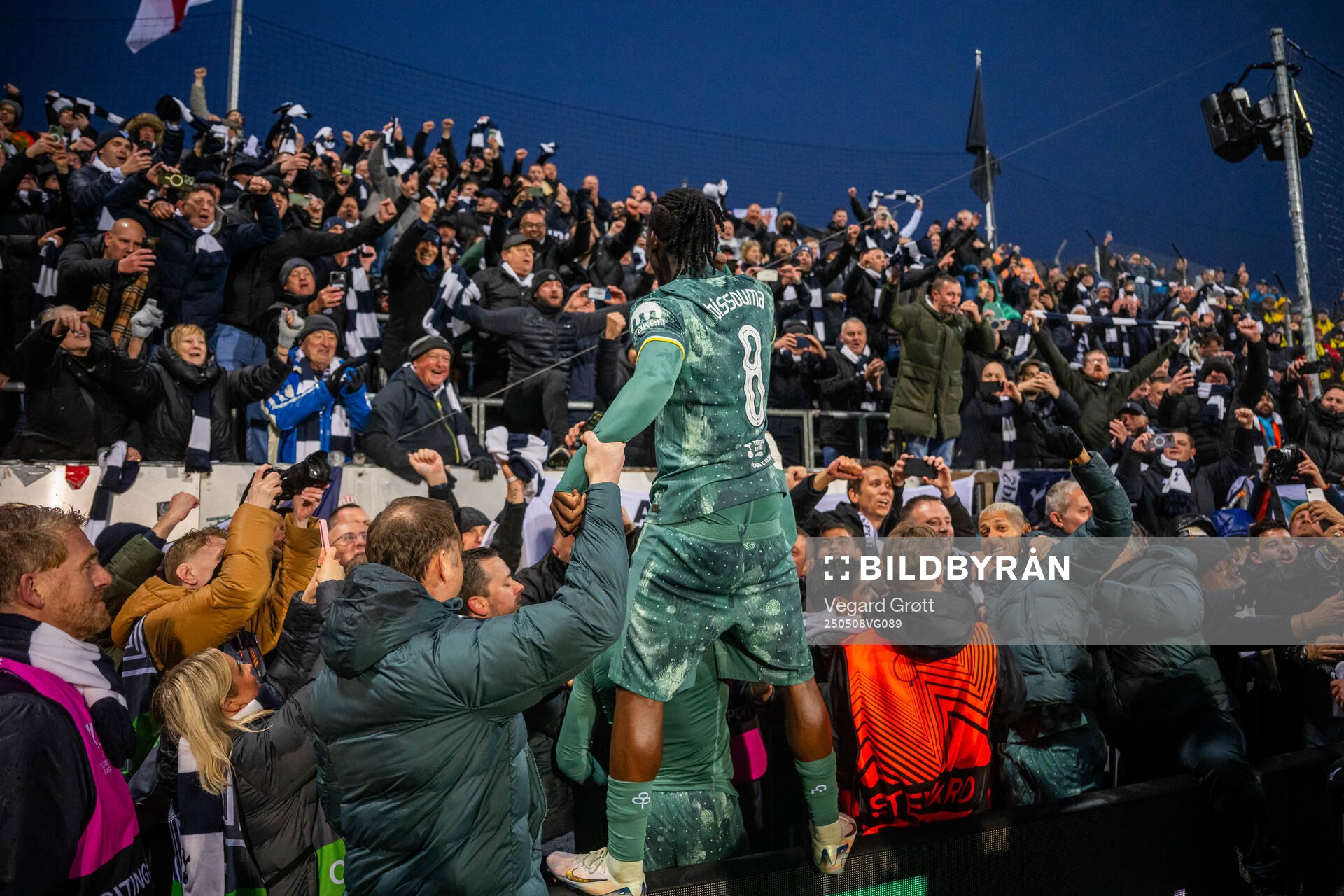 Yves Bissouma of Tottenham Hotspur celebrates after the UEFA Europa League semi-final football match between Bodø/Glimt and Tottenham on May 8, 2025 in Bodø.