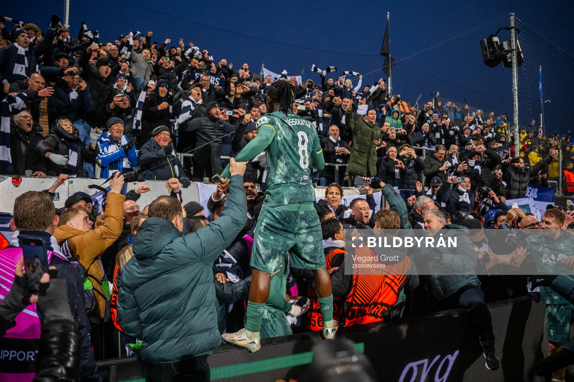 Yves Bissouma of Tottenham Hotspur celebrates after the UEFA Europa League semi-final football match between Bodø/Glimt and Tottenham on May 8, 2025 in Bodø.