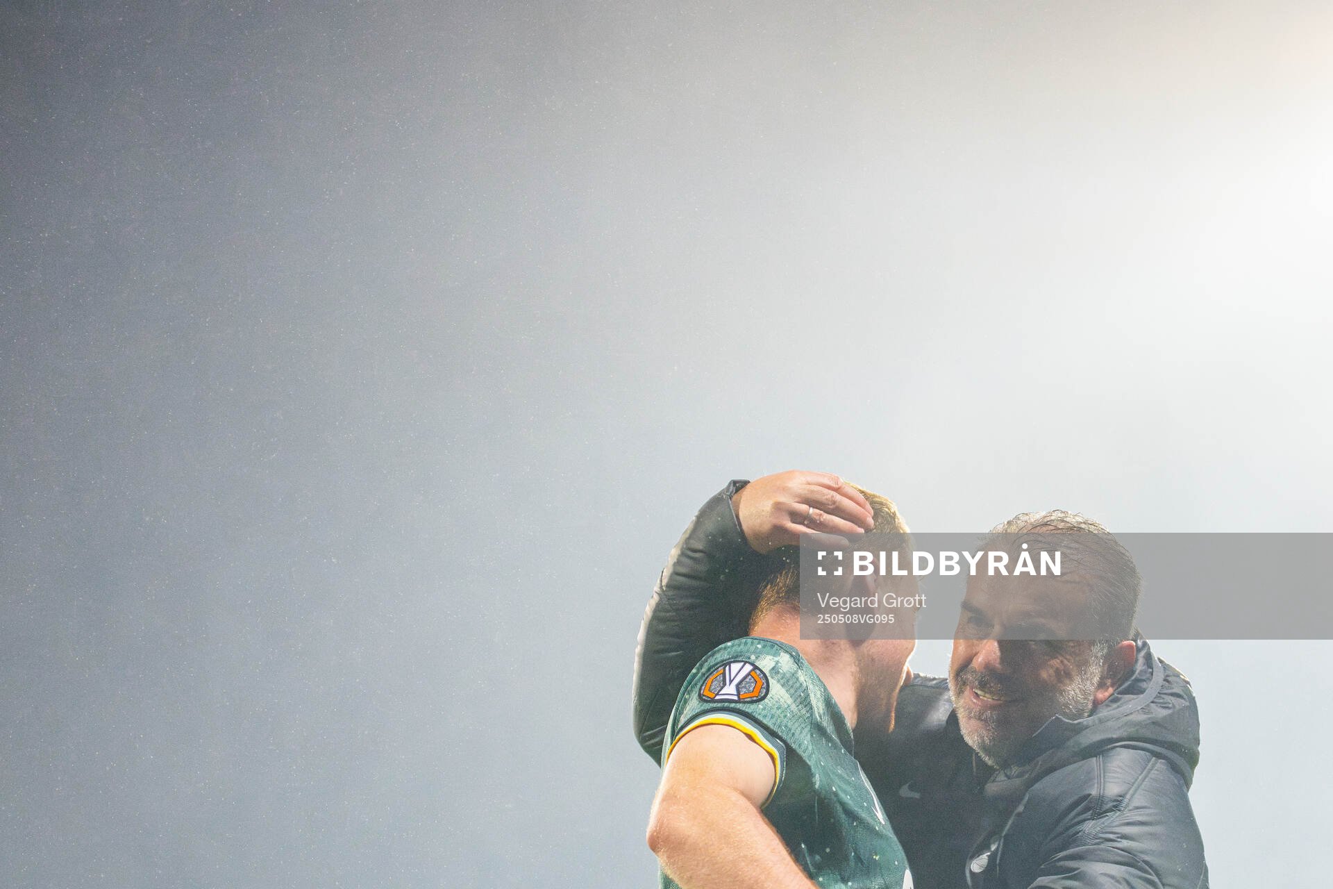 Dejan Kulusevski and head coach Ange Postecoglou of Tottenham Hotspur celebrate after the UEFA Europa League semi-final football match between Bodø/Glimt and Tottenham on May 8, 2025 in Bodø.