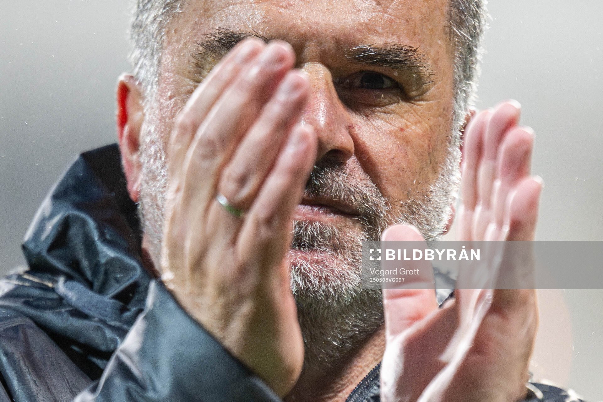 Head coach Ange Postecoglou of Tottenham Hotspur celebrates after the UEFA Europa League semi-final football match between Bodø/Glimt and Tottenham on May 8, 2025 in Bodø.