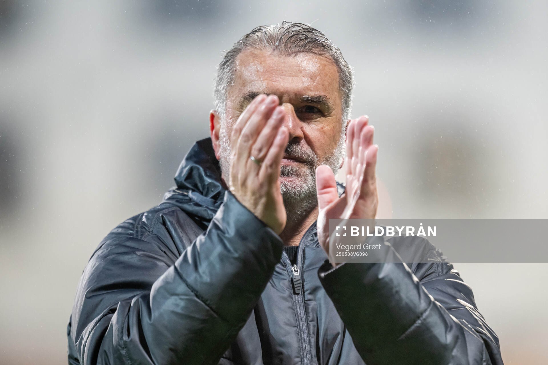 Head coach Ange Postecoglou of Tottenham Hotspur celebrates after the UEFA Europa League semi-final football match between Bodø/Glimt and Tottenham on May 8, 2025 in Bodø.