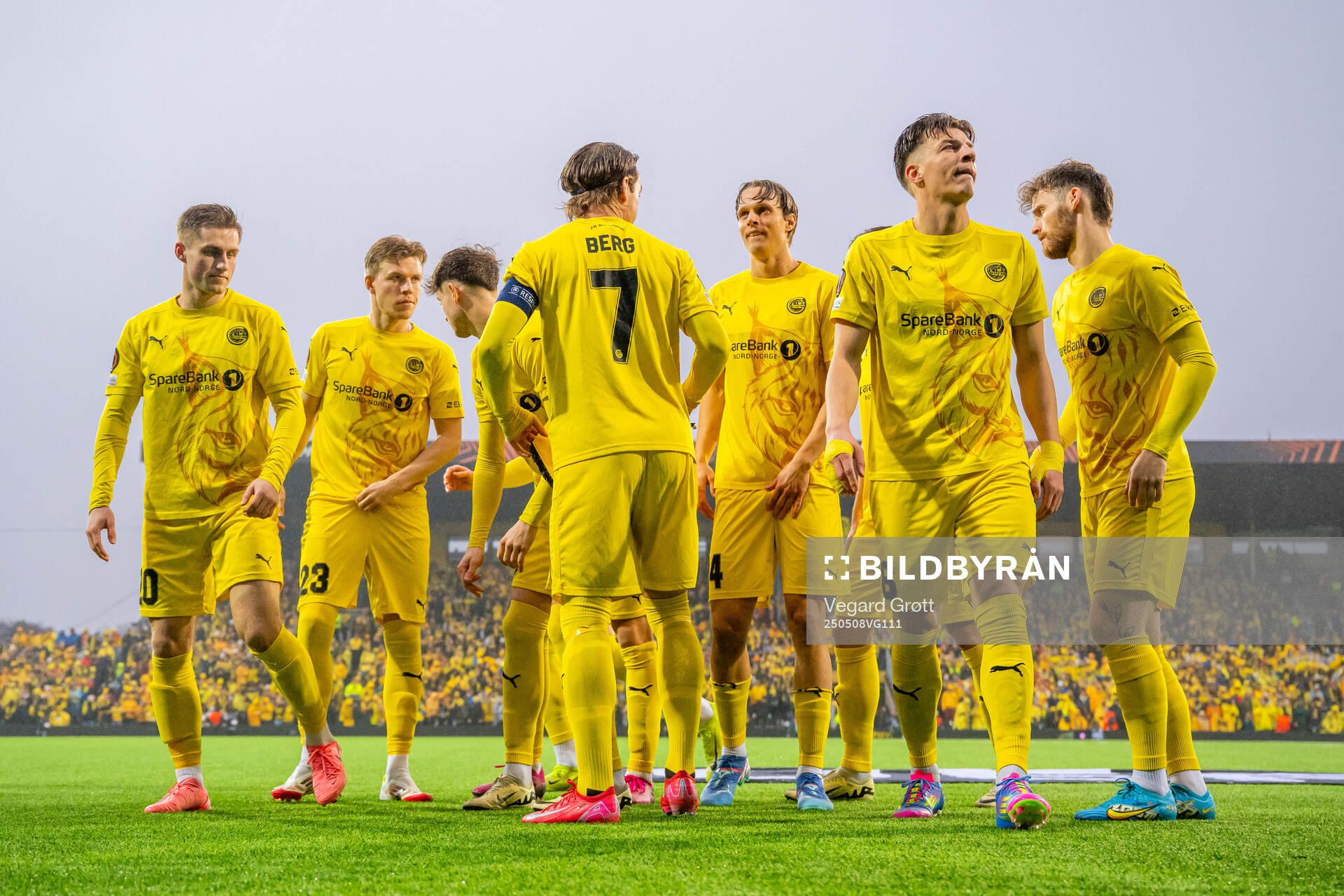 Fredrik Sjøvold, Jens Petter Hauge, Patrick Berg, Ulrik Saltnes, Jostein Gundersen and Ole Didrik Blomberg of Bodø/Glimt ahead of the UEFA Europa League semi-final football match between Bodø/Glimt and Tottenham on May 8, 2025 in Bodø.