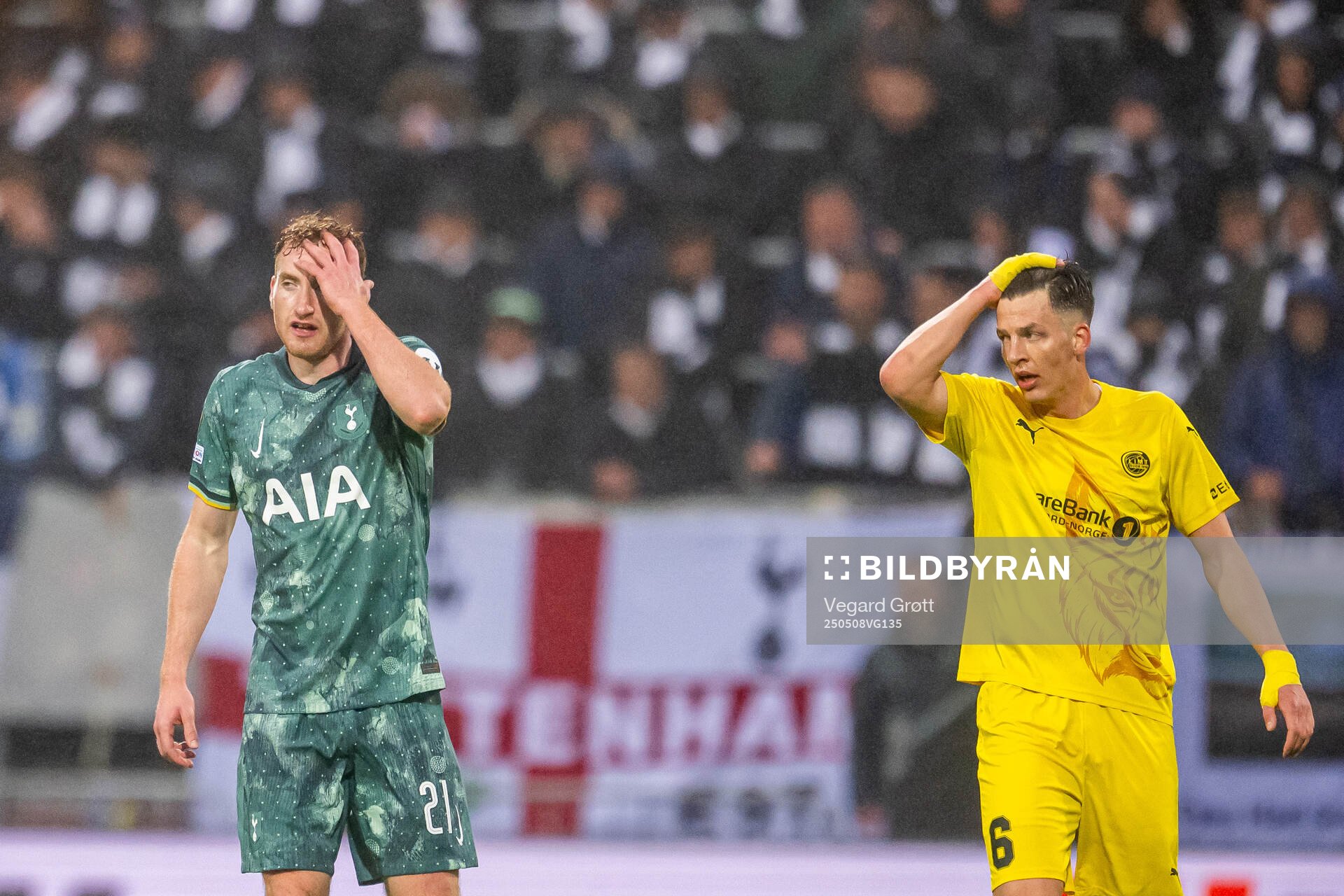 Dejan Kulusevski of Tottenham Hotspur and Jostein Gundersen of Bodø/Glimt during the UEFA Europa League semi-final football match between Bodø/Glimt and Tottenham on May 8, 2025 in Bodø.