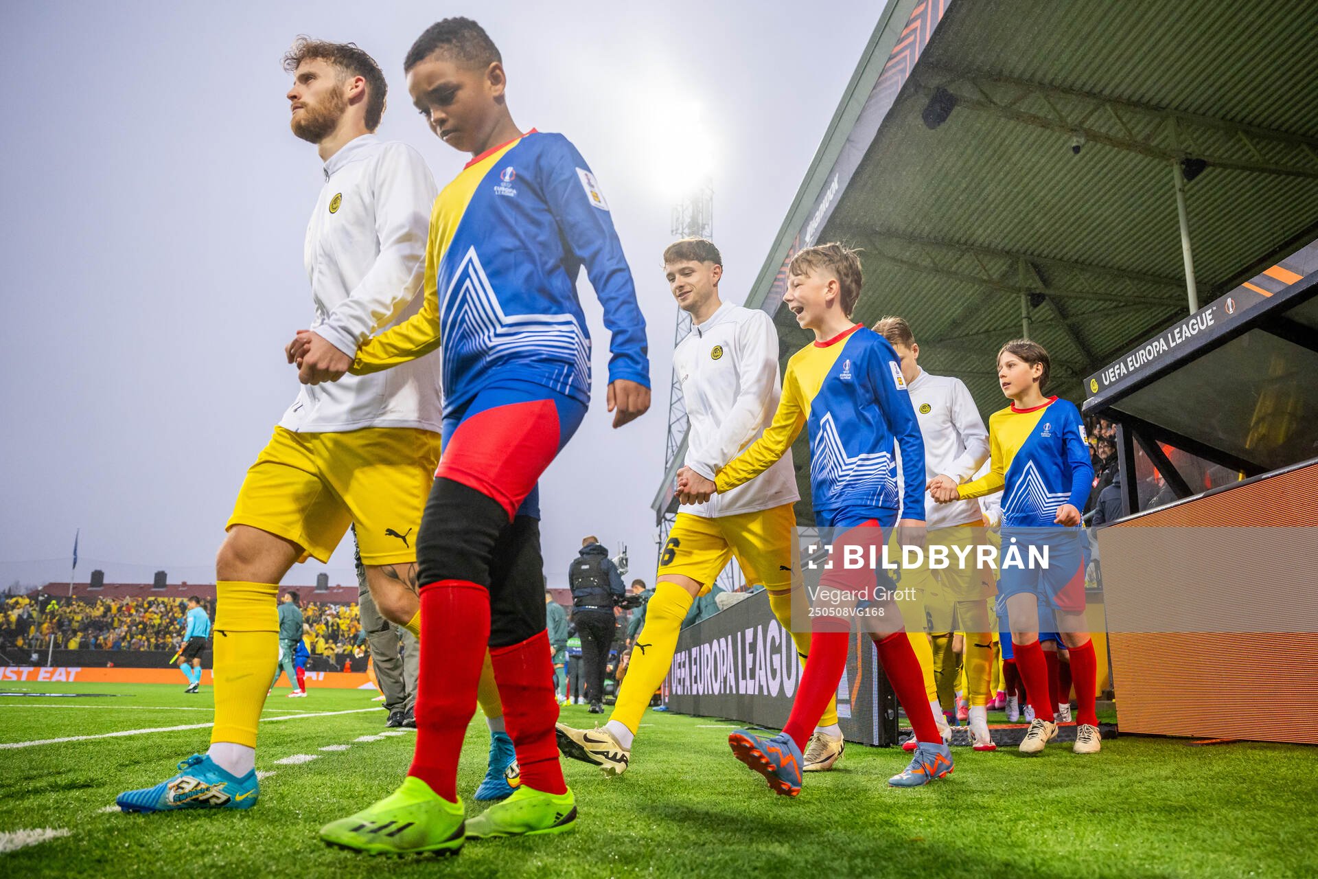 Ole Didrik Blomberg and Håkon Evjen of Bodø/Glimt enter
