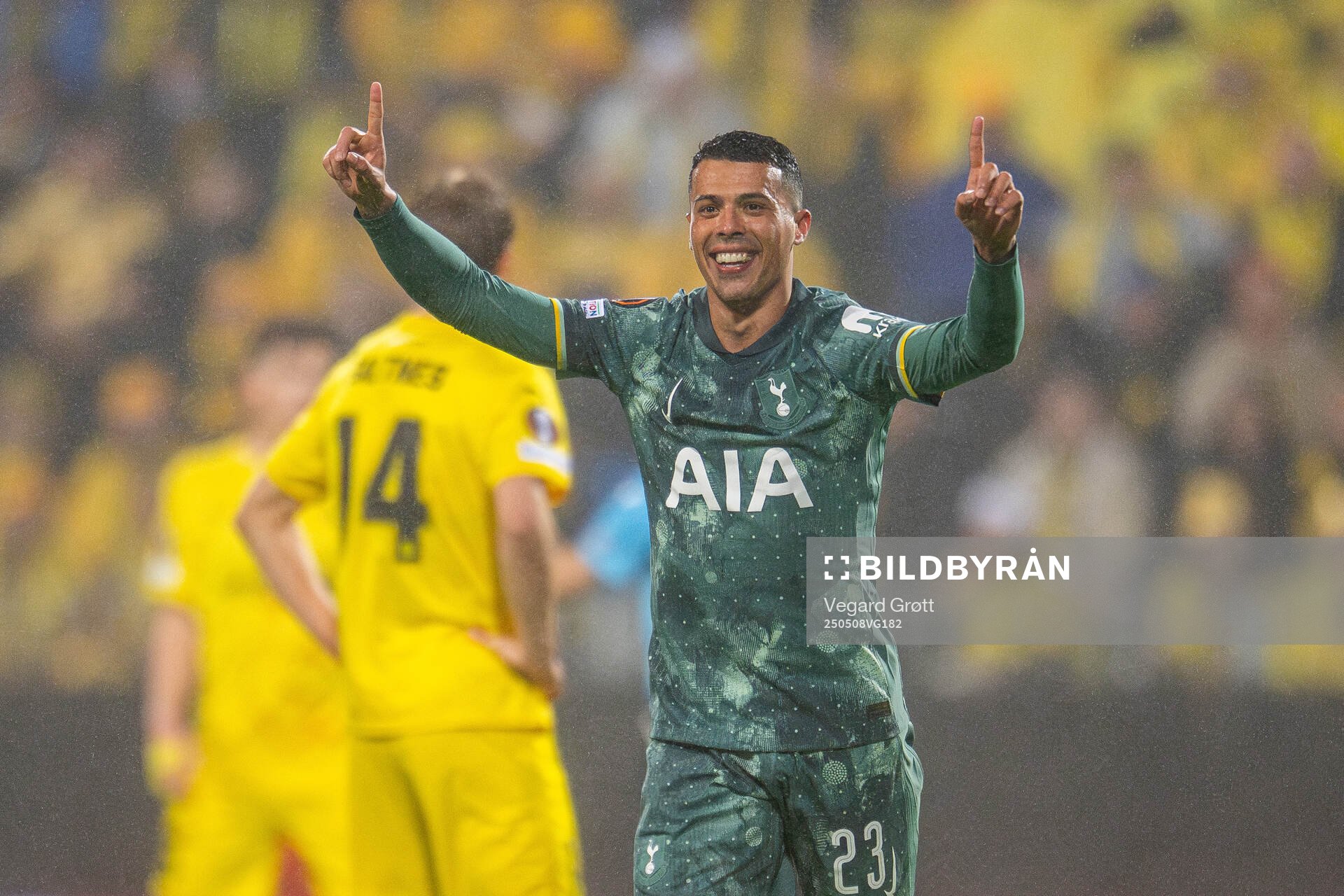 Pedro Porro of Tottenham Hotspur celebrates after scoring 0-2 during the UEFA Europa League semi-final football match between Bodø/Glimt and Tottenham on May 8, 2025 in Bodø.