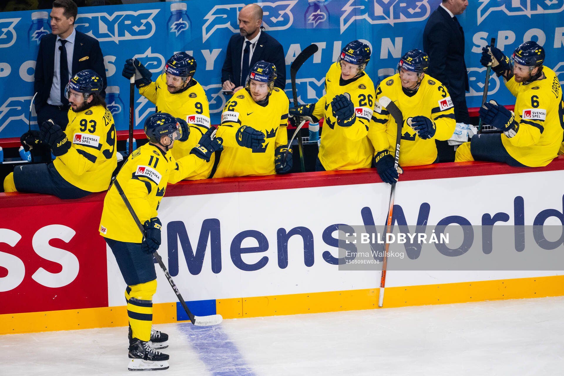 Mikael Backlund of Sweden celebrates with Mika Zibanejad,