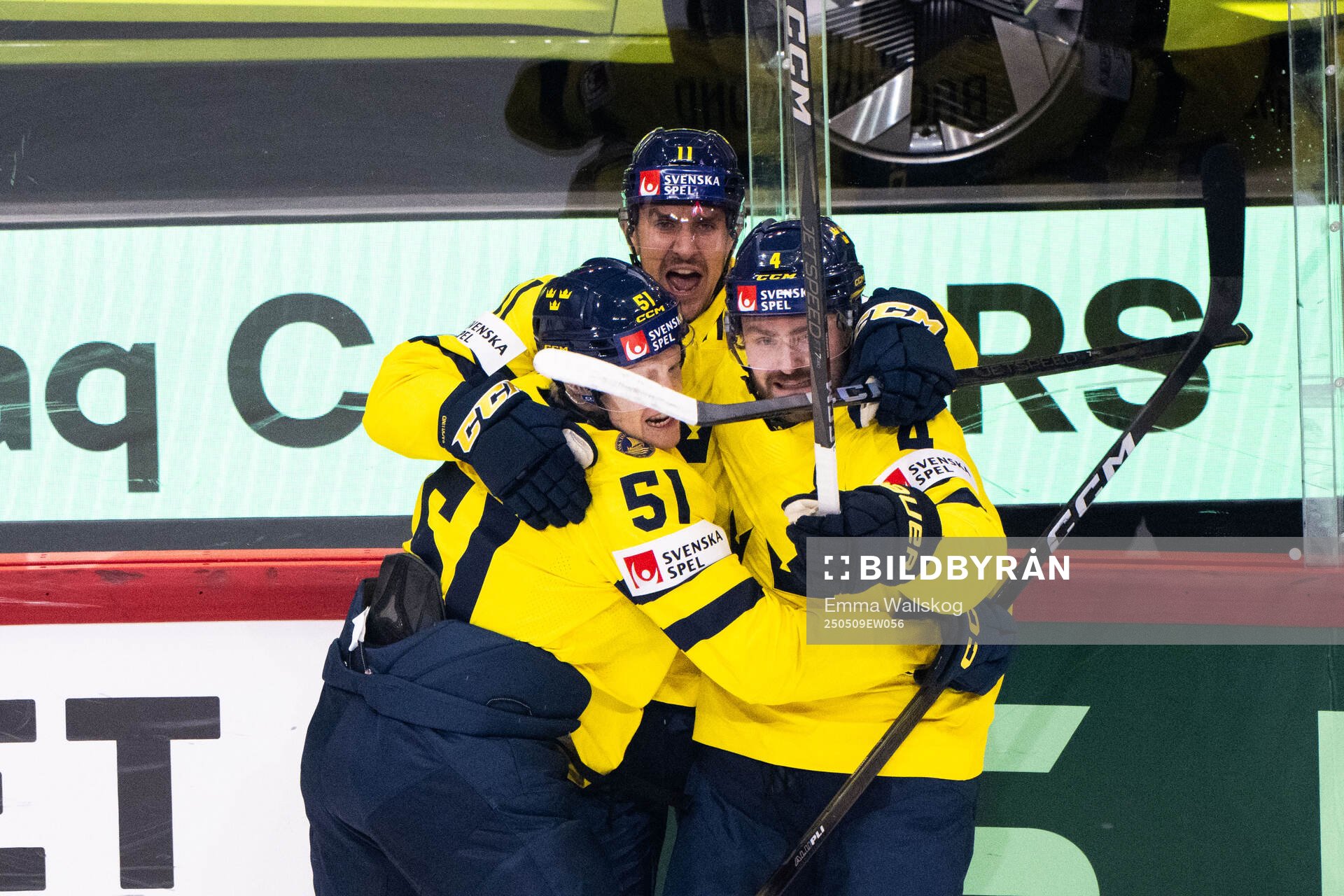 Mikael Backlund of Sweden celebrates with Emil Heineman and