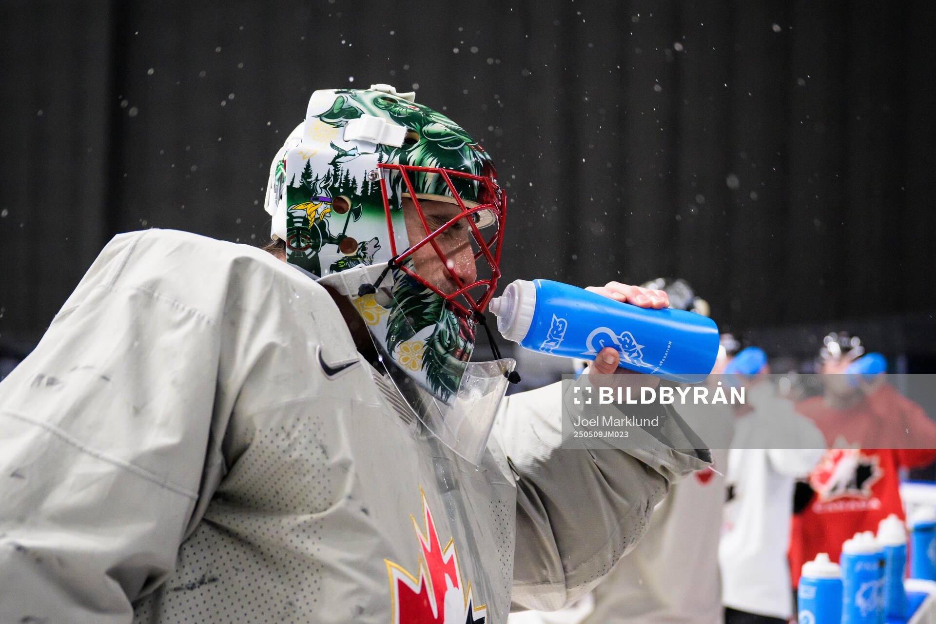Goaltender Marc-Andre Fleury of Canada at a practice session