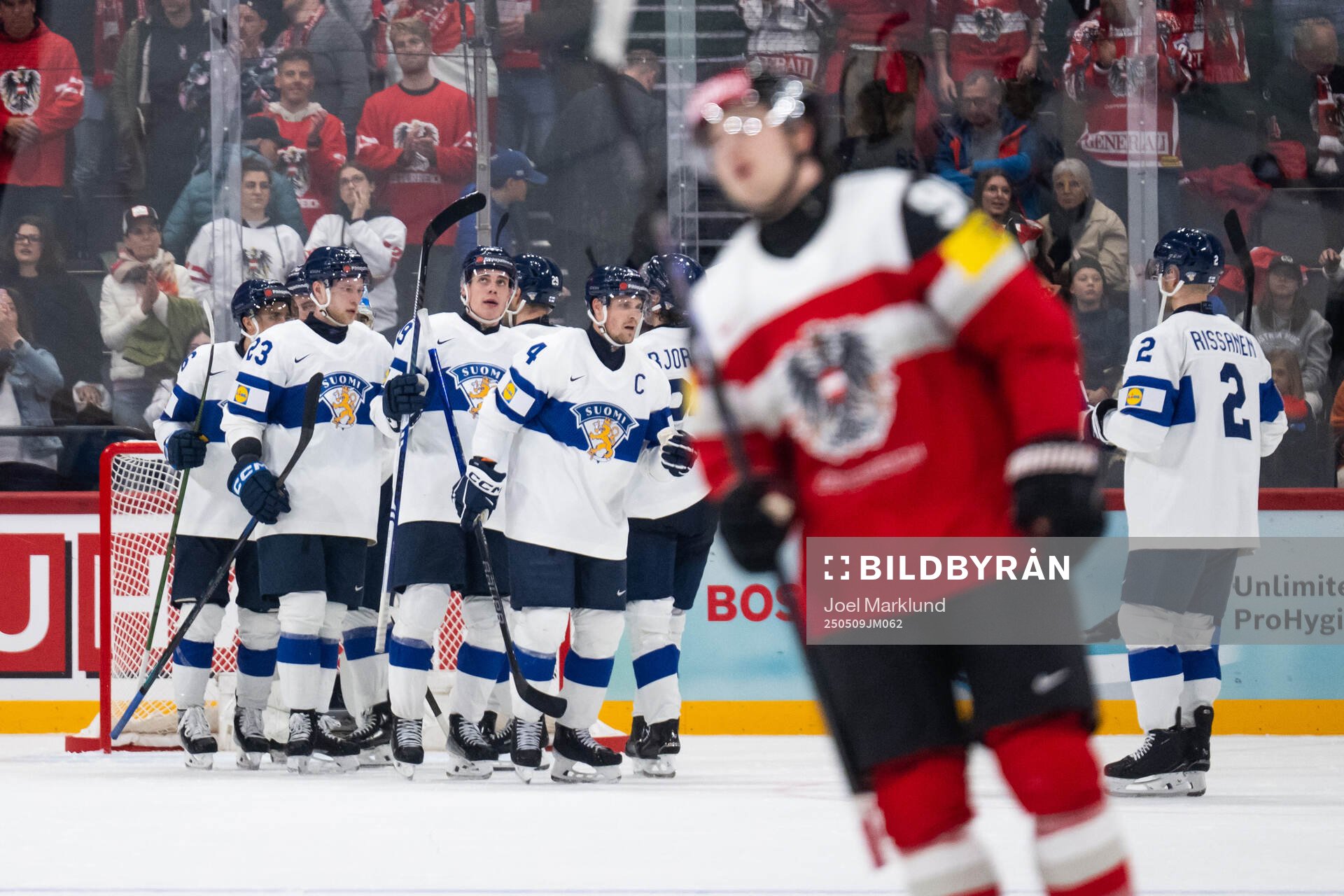 Mikko Lehtonen of Finland celebrates with team mates
