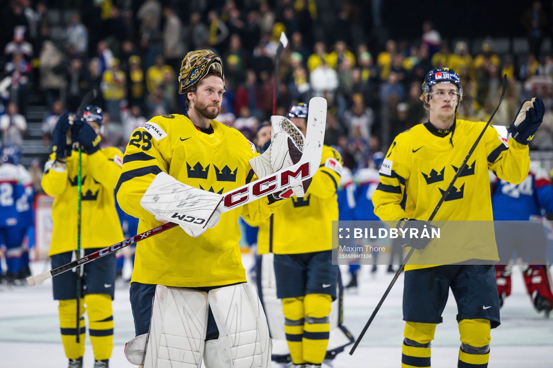 Goaltender Jacob Markström of Sweden celebrates